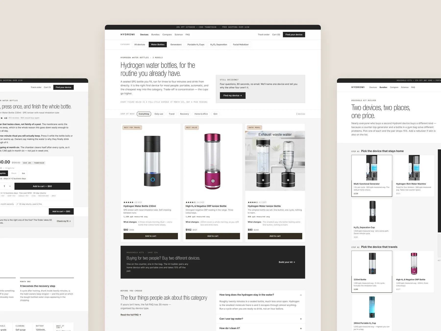 Hydromi concept redesign: Collection centre, product left, bundle right