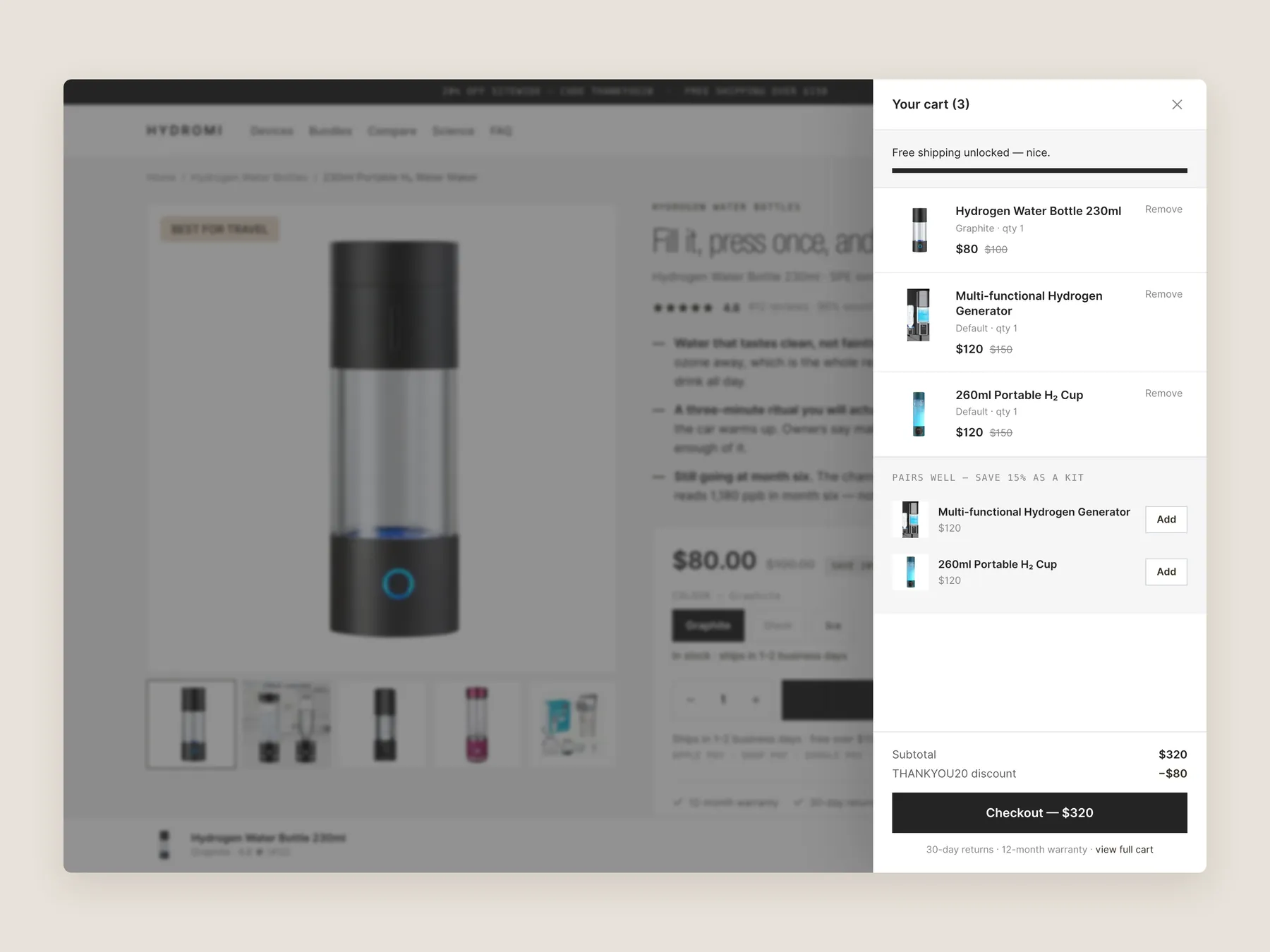 Hydromi concept redesign: Cart slide over open over the product page, whole screen