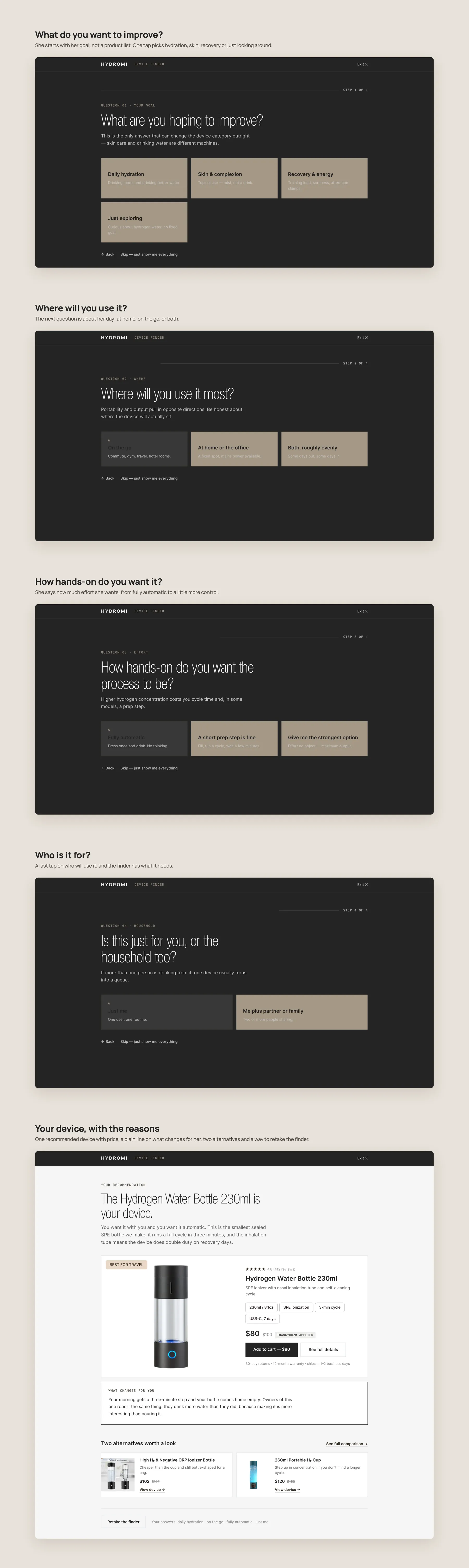 Hydromi concept redesign: Device finder quiz, step by step