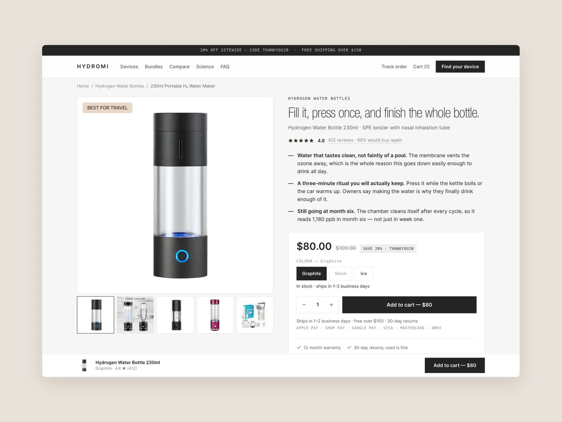 Hydromi concept redesign: Product page first screen: header and buy box