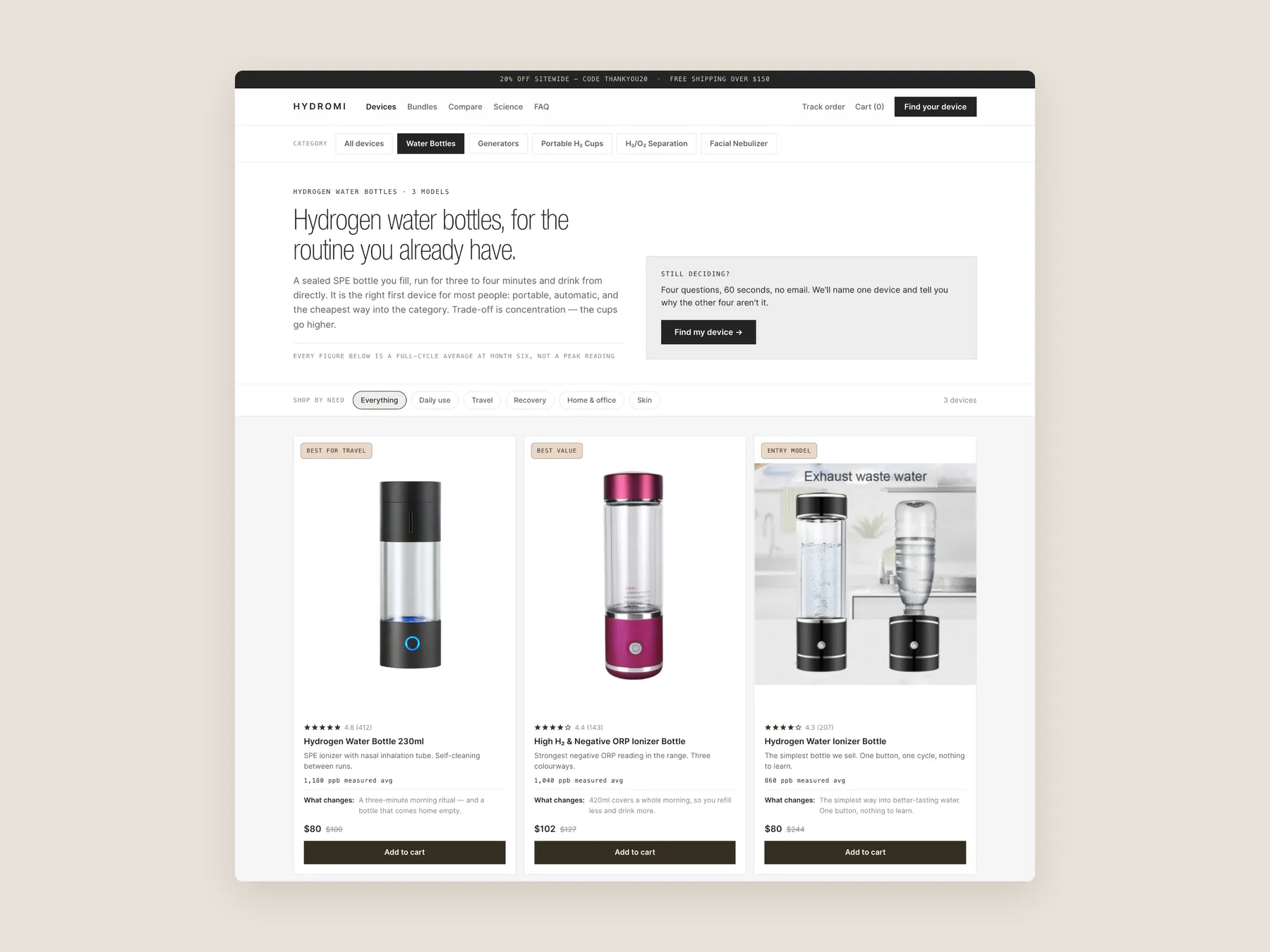 Hydromi concept redesign: Collection page first screen: header, filters, first row