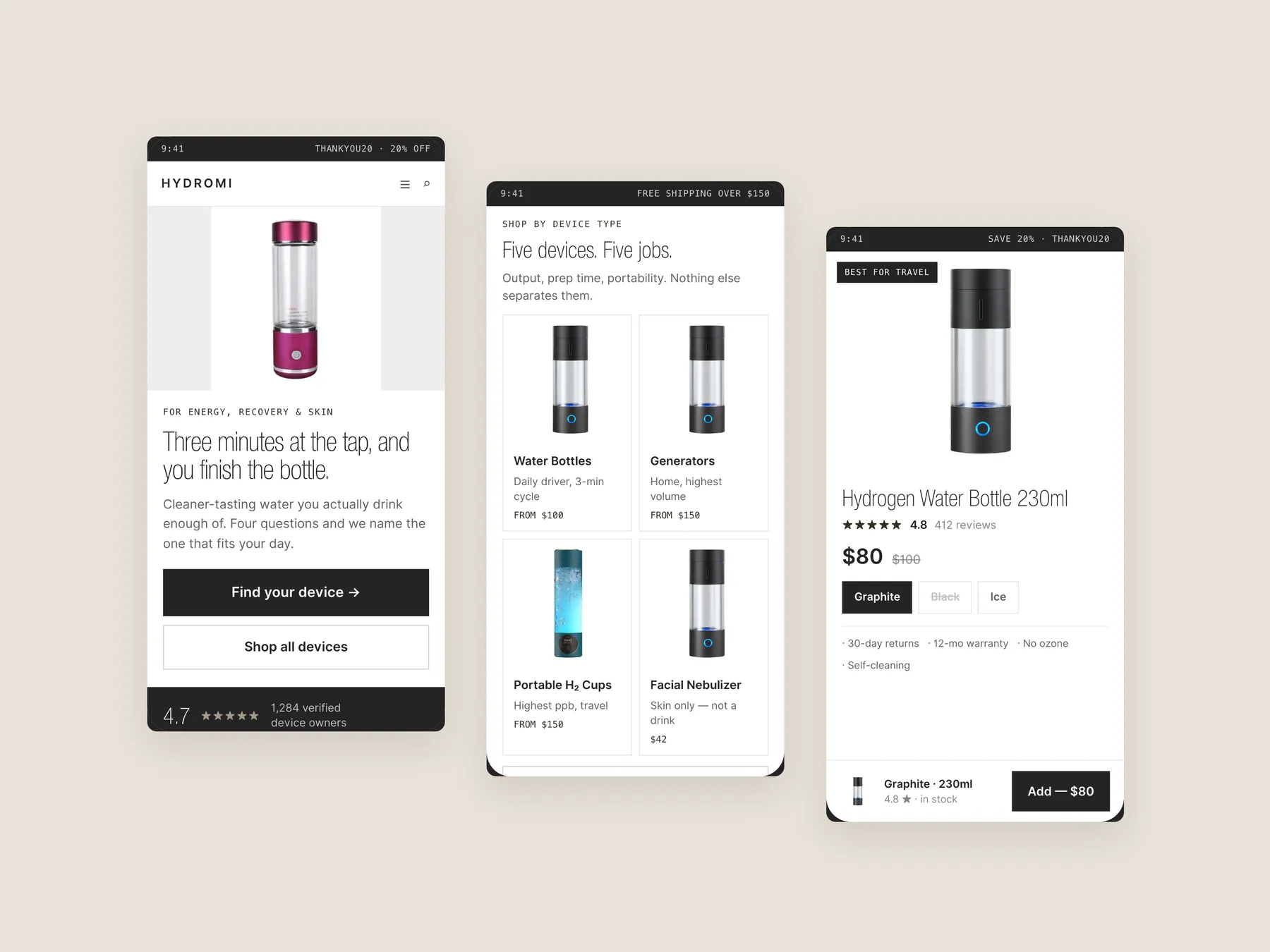 Hydromi concept redesign: Three phone screens: home, collection, product
