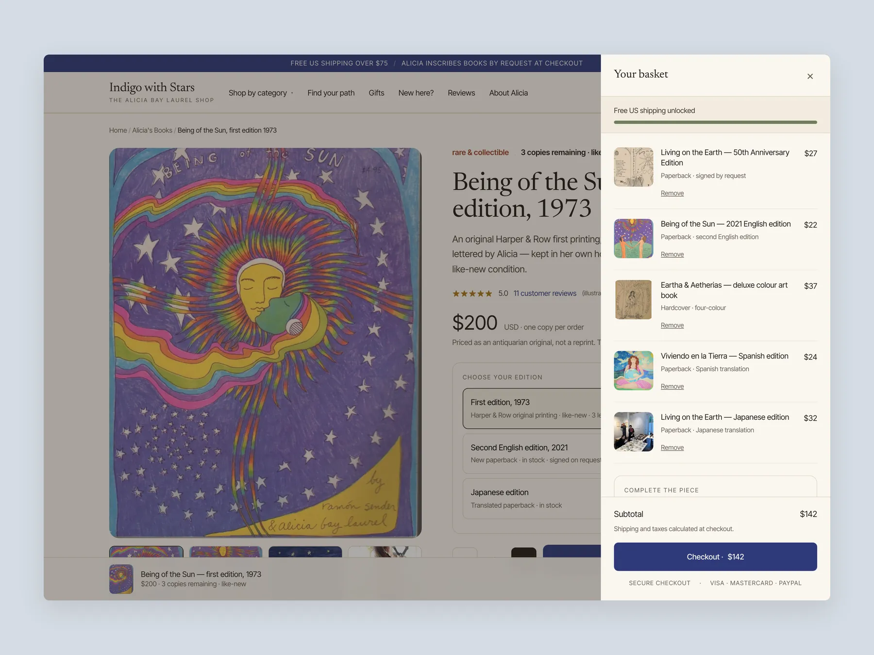 Indigo With Stars concept redesign: Bag slide over open over the product page, whole screen
