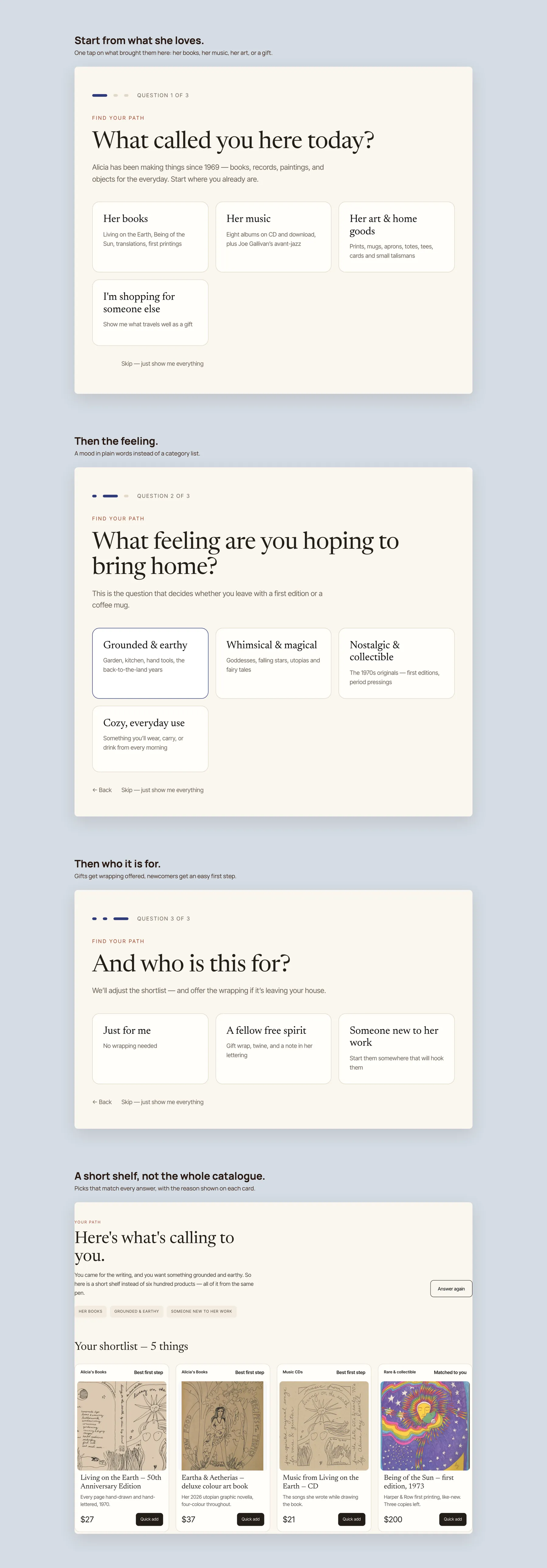 Indigo With Stars concept redesign: Find your path quiz, step by step