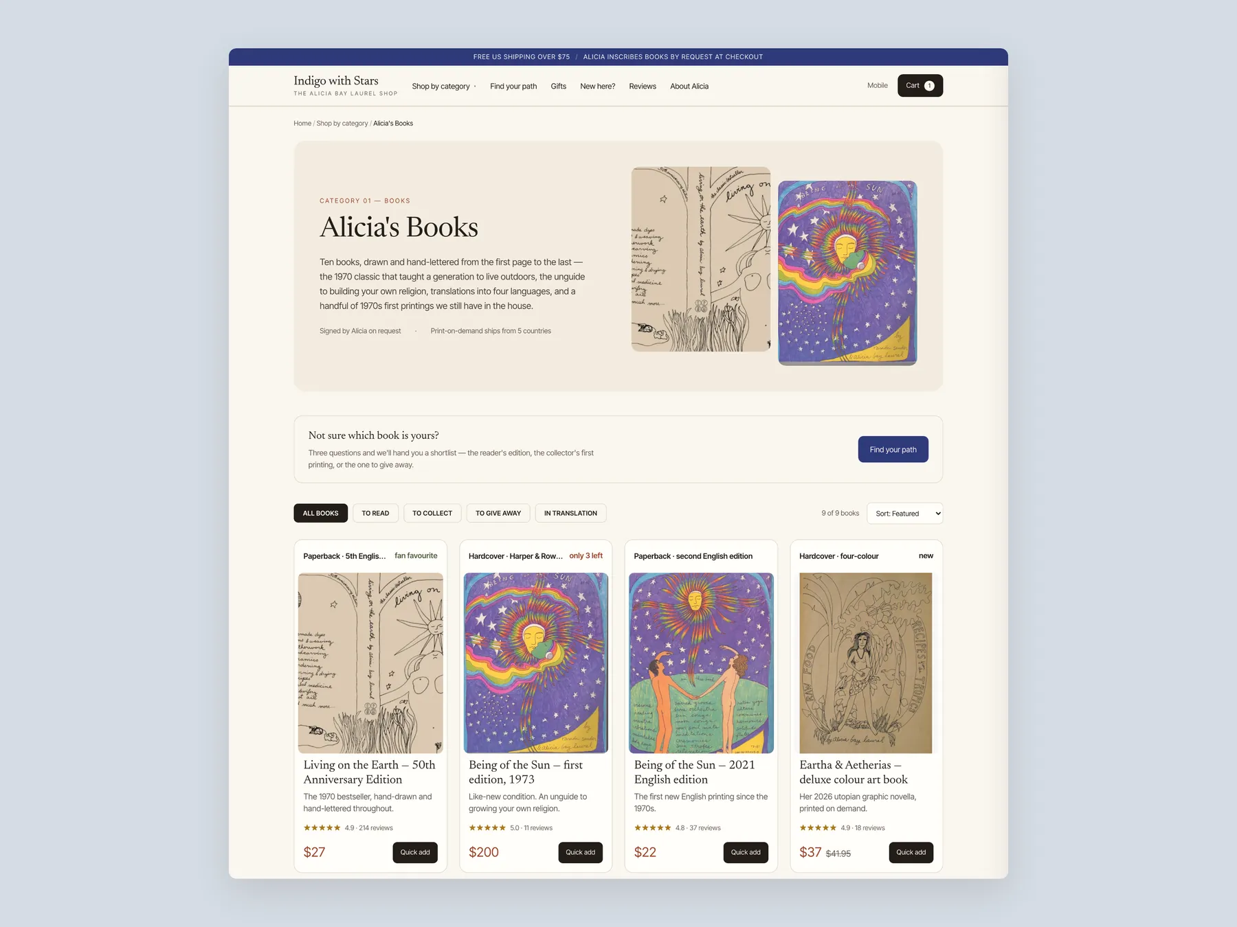 Indigo With Stars concept redesign: Collection page first screen: header, filters, first row