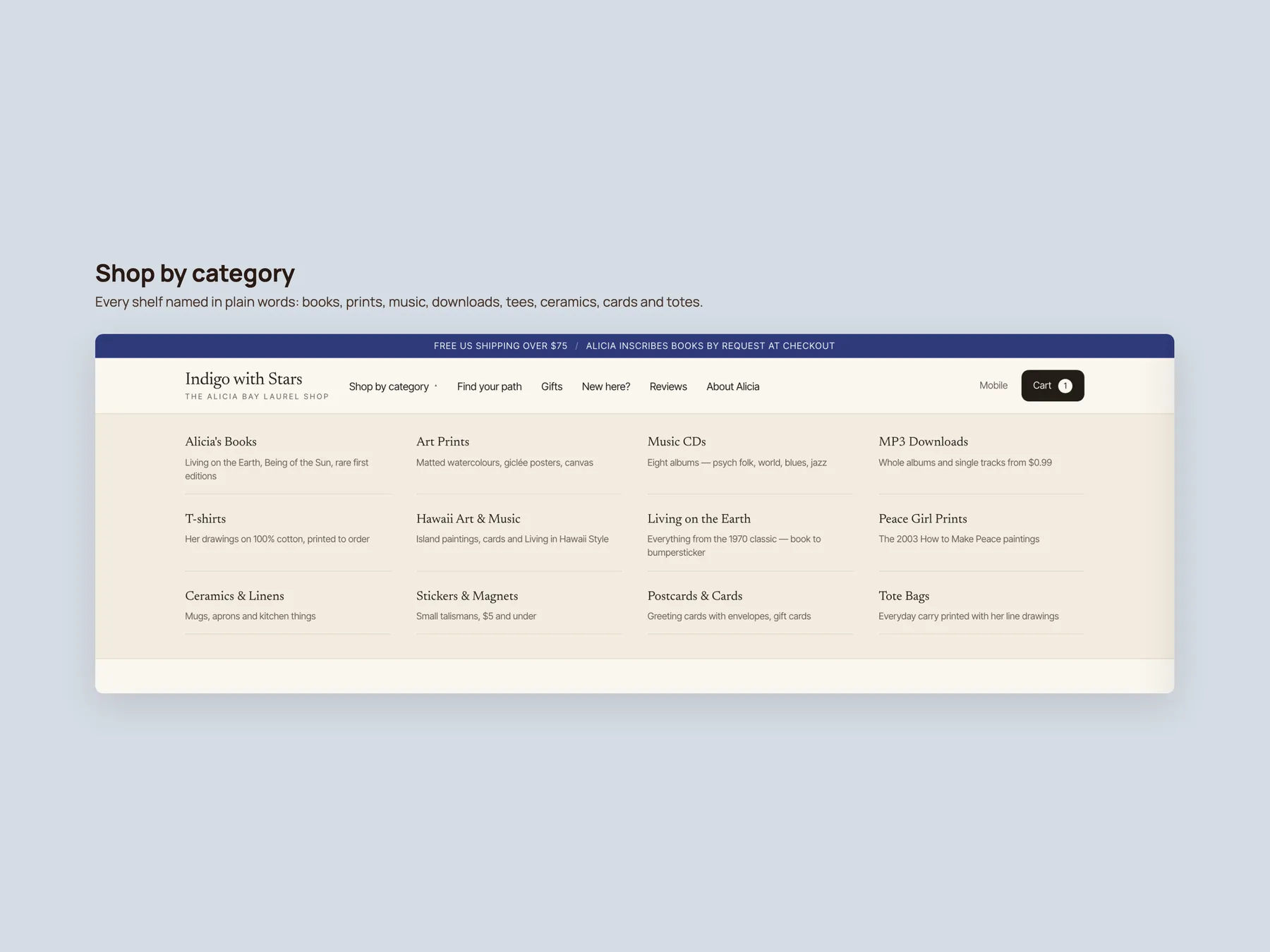 Indigo With Stars concept redesign: Shop by category panel open