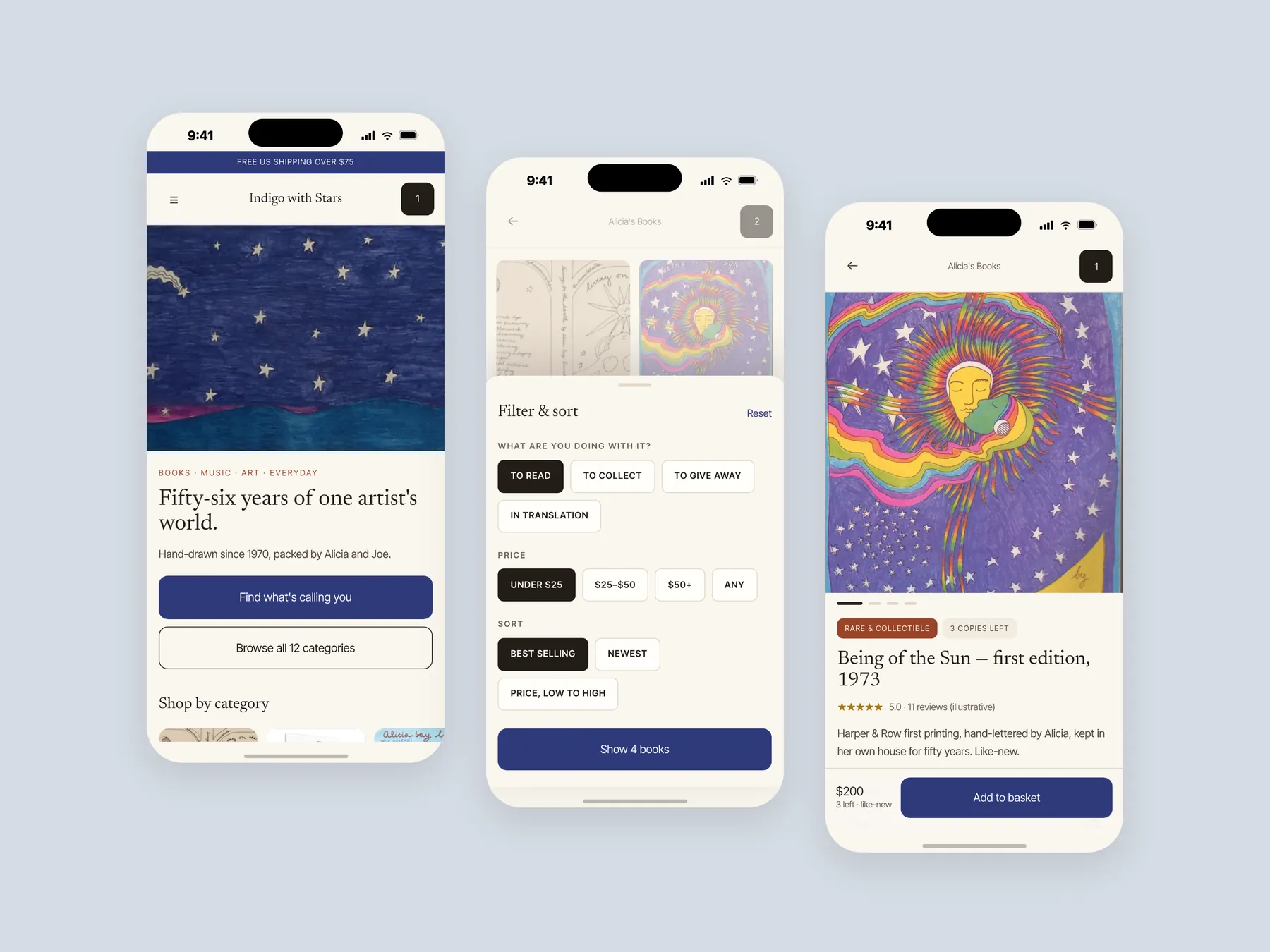 Indigo With Stars concept redesign: Three phone screens: home, filter sheet, product