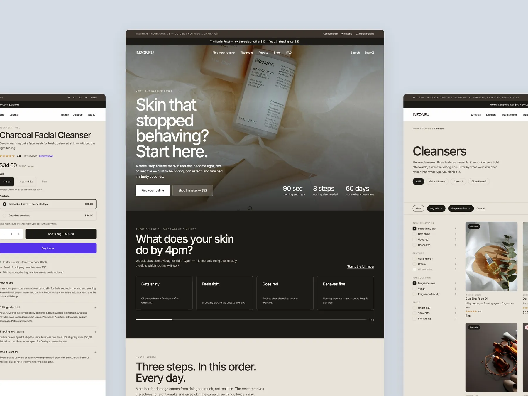 InZoneU concept redesign: Homepage centre, product left, collection right