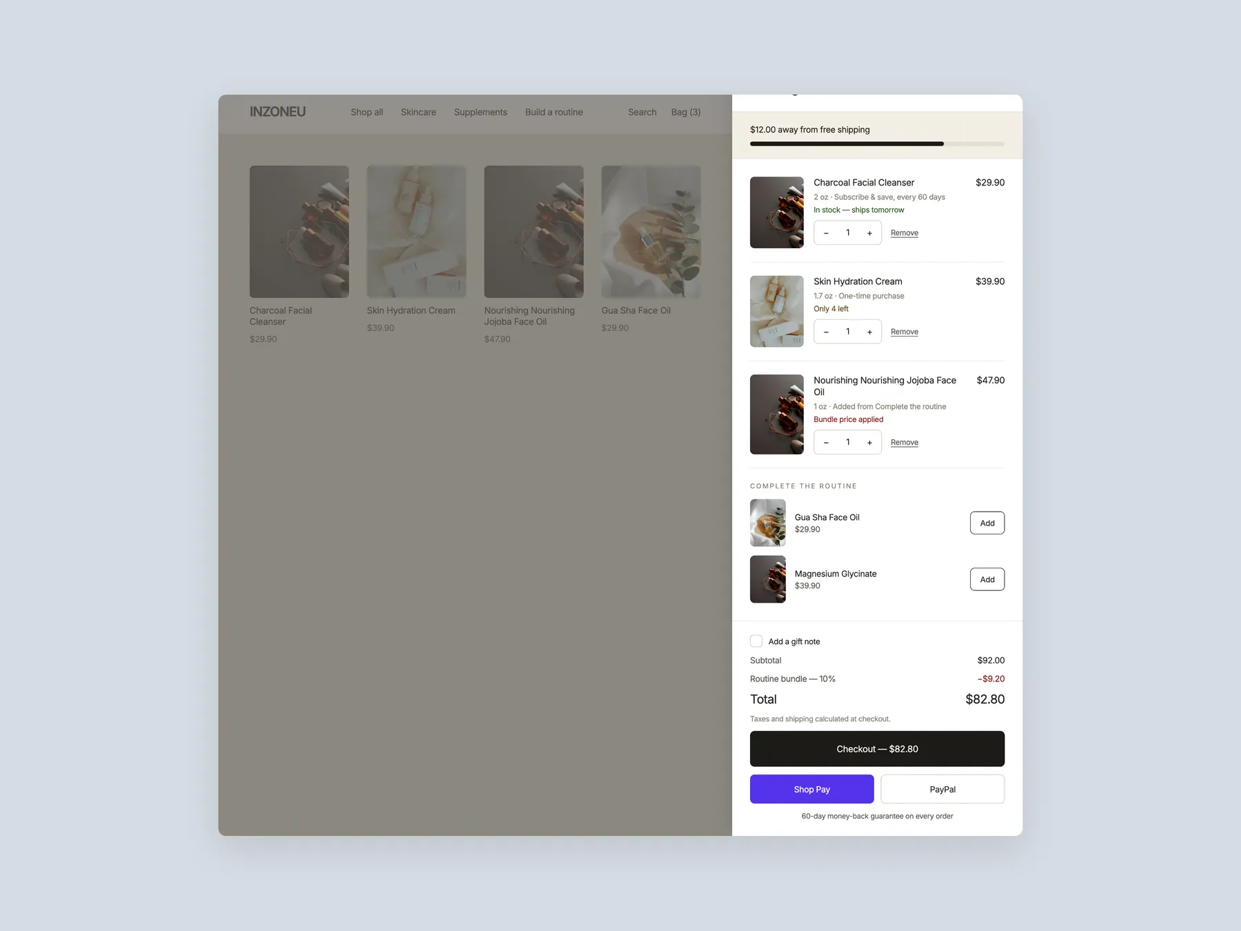 InZoneU concept redesign: Bag slide over open over the shop grid, whole screen