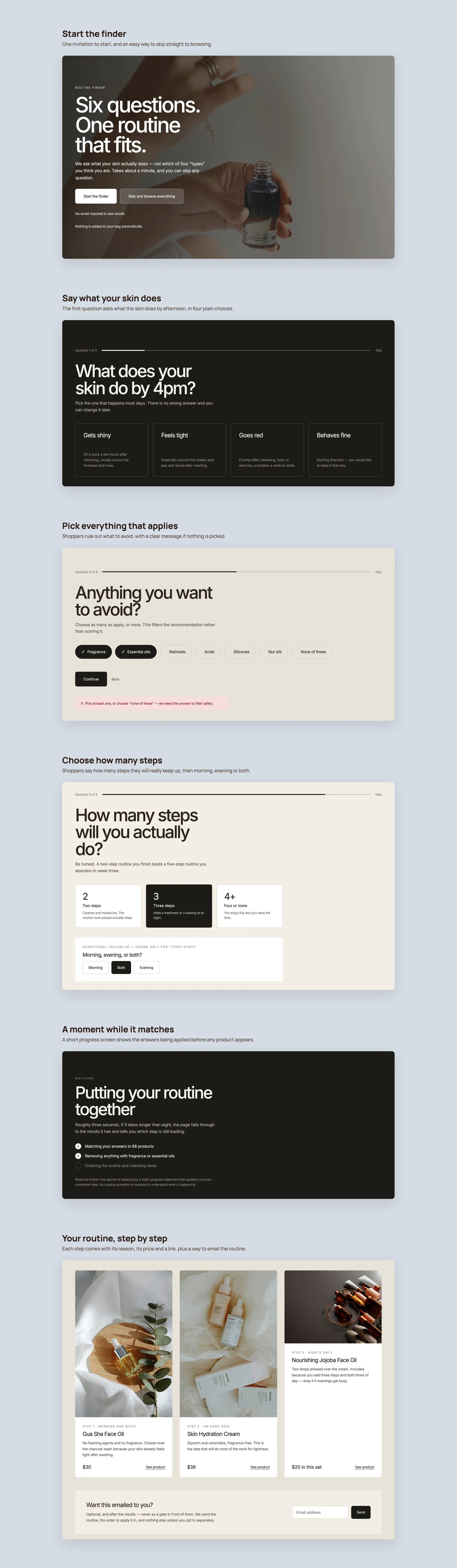 InZoneU concept redesign: Routine finder quiz, step by step