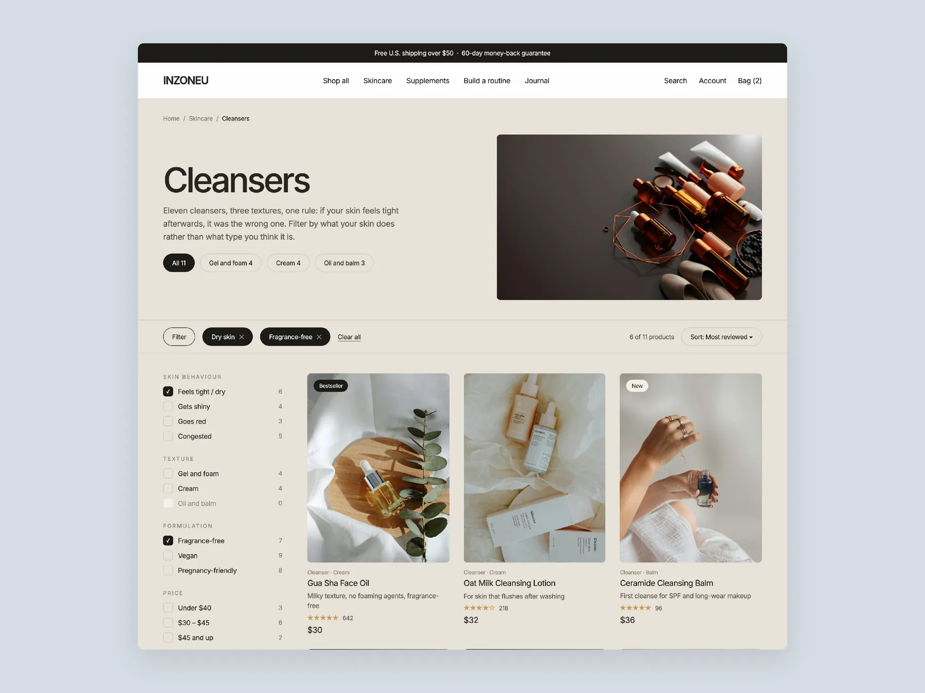 InZoneU concept redesign: Collection page first screen: header, filters, first row