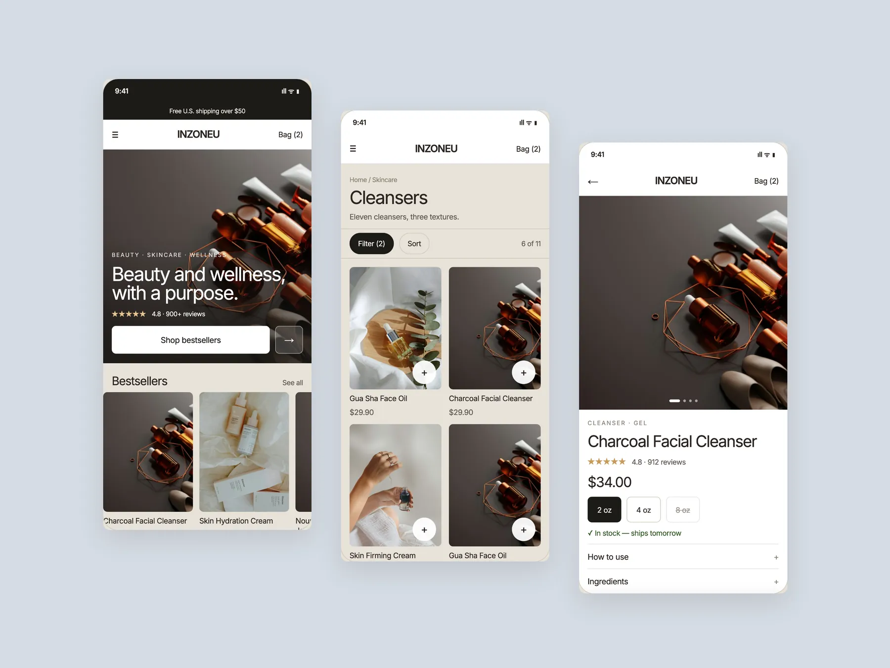 InZoneU concept redesign: Three phone screens: home, collection, product