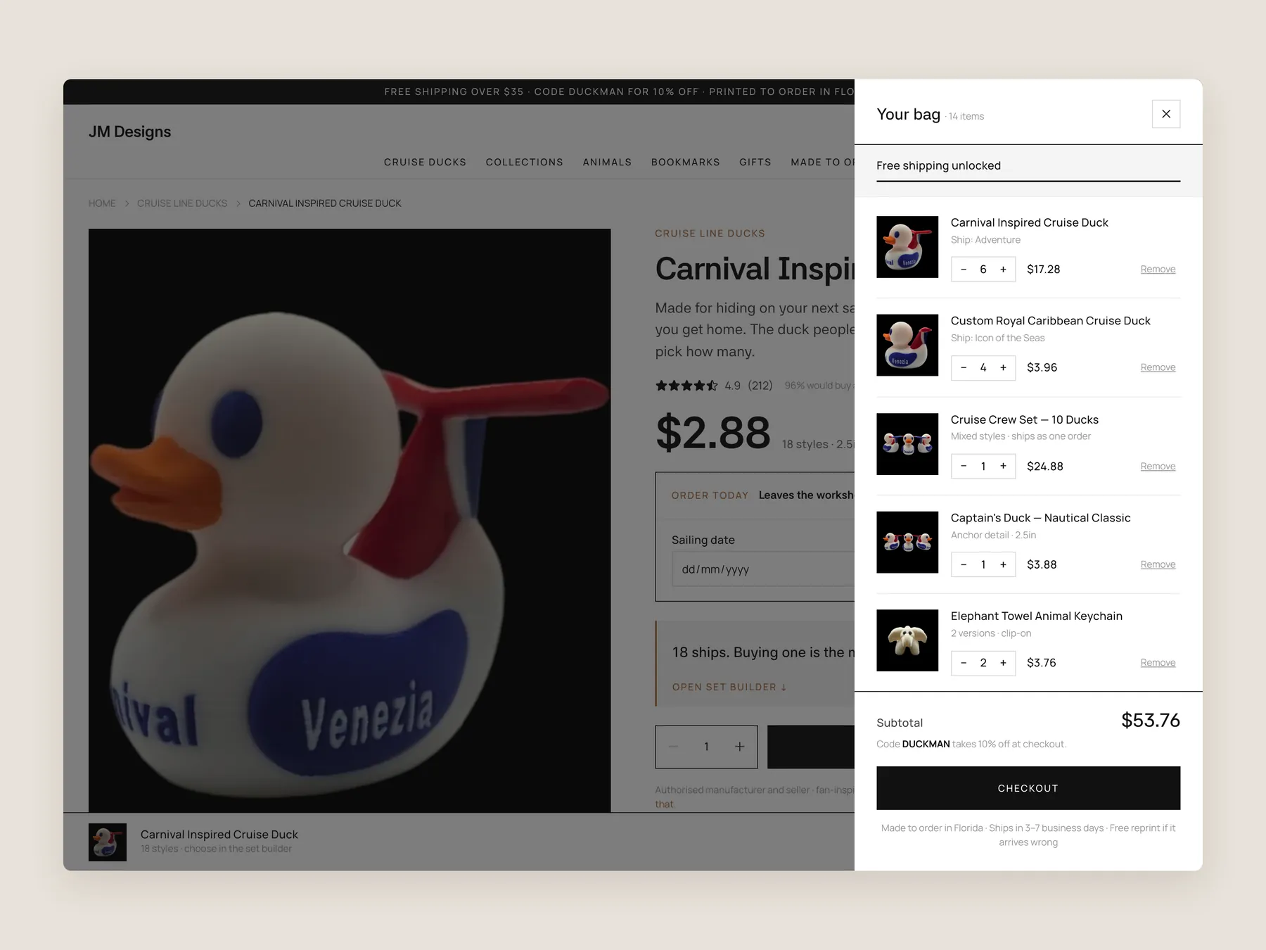 JMD 3D concept redesign: Bag slide over open over the product page, whole screen
