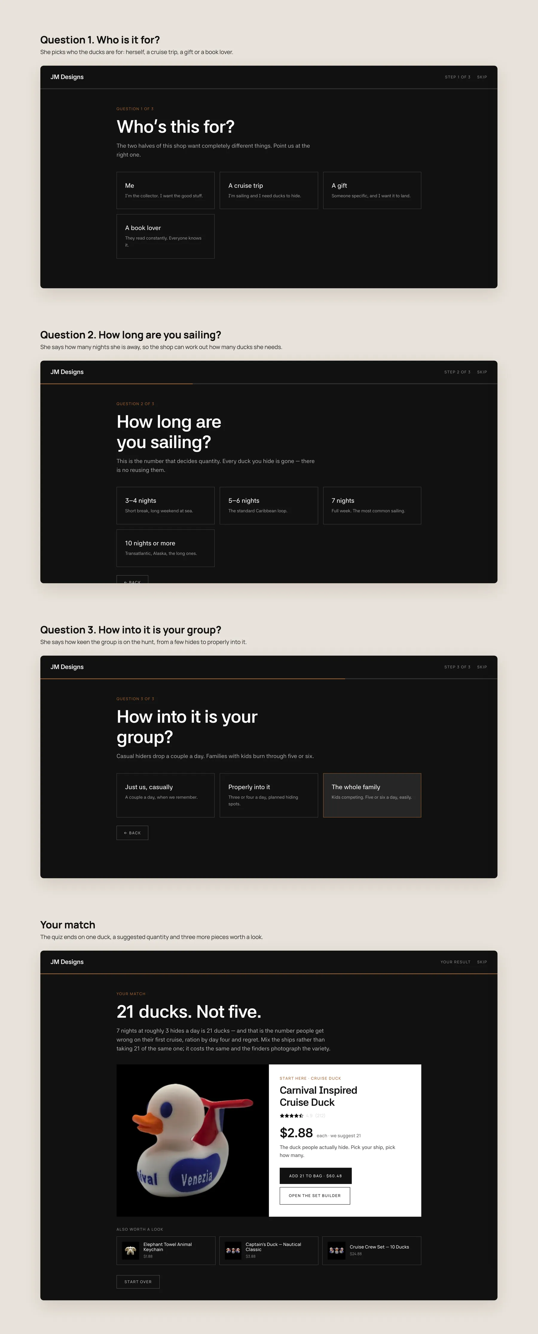JMD 3D concept redesign: Find your duck quiz, step by step