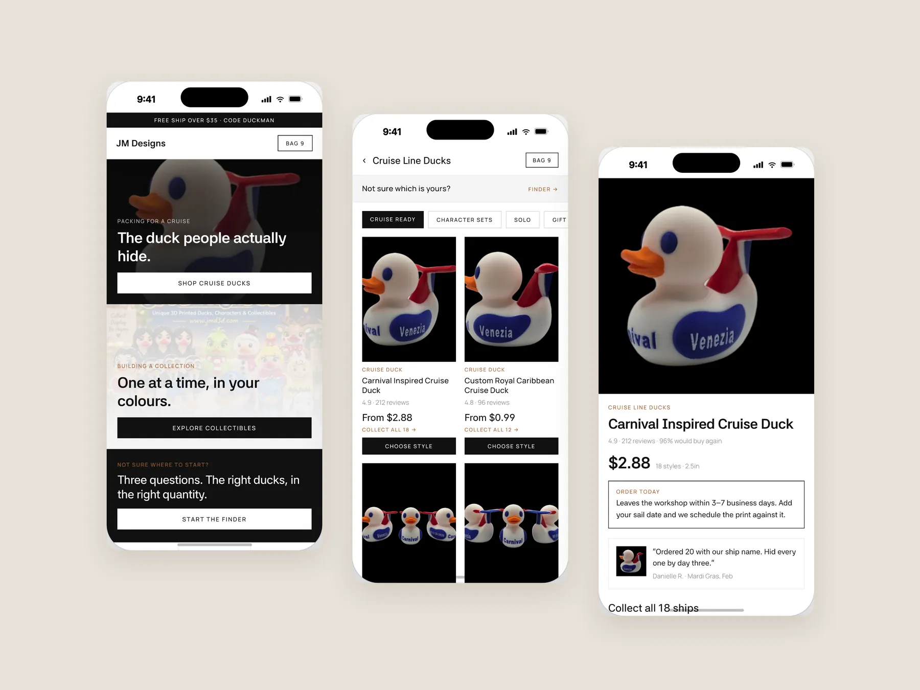 JMD 3D concept redesign: Three phone screens: home, collection, product