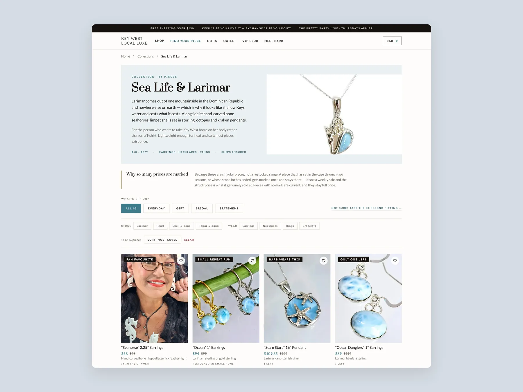 Key West Local Luxe concept redesign: Collection page first screen: header, filters, first row