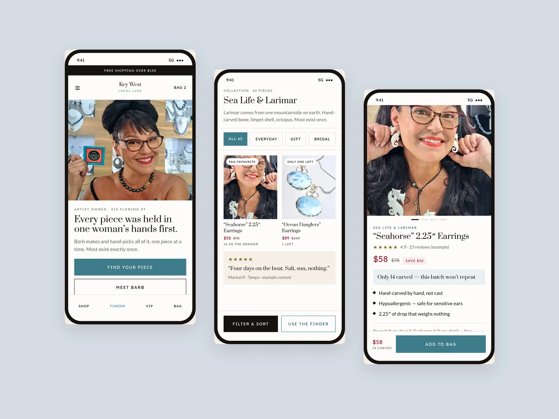 Key West Local Luxe concept redesign: Three phone screens: home, collection, product