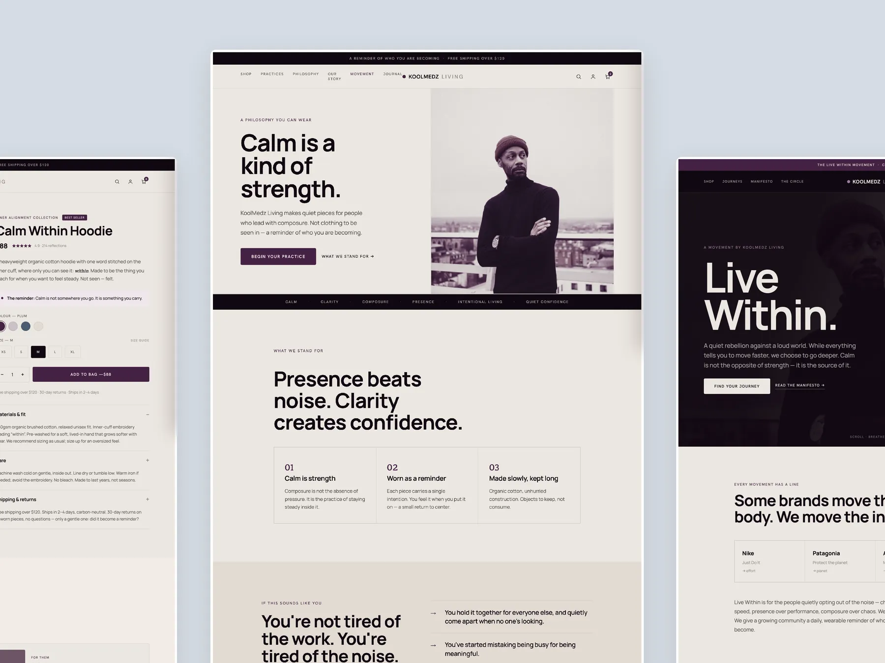 KoolMedz concept redesign: Homepage centre, product left, movement page right