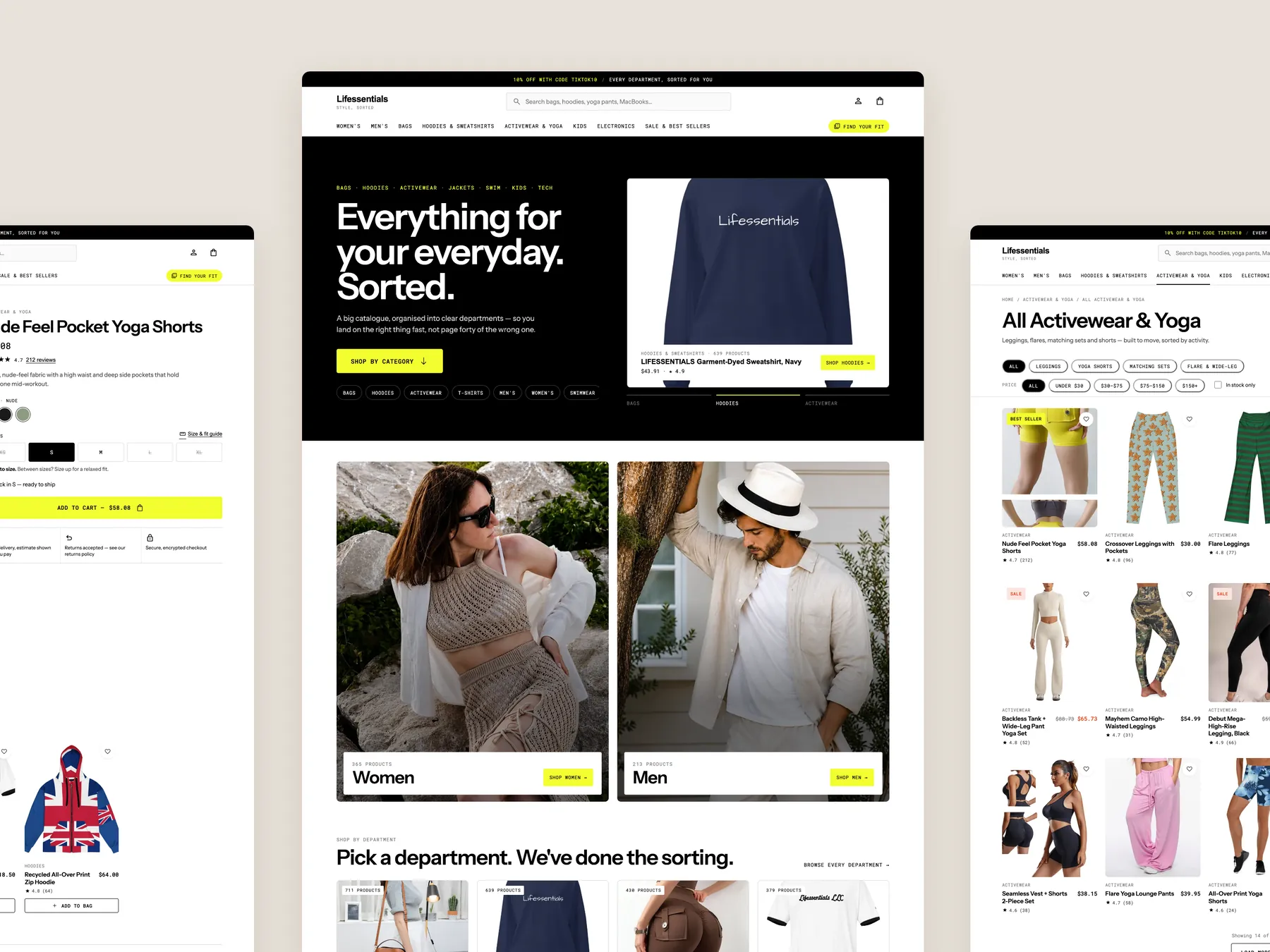 Lifessentials concept redesign: Homepage centre, product left, collection right
