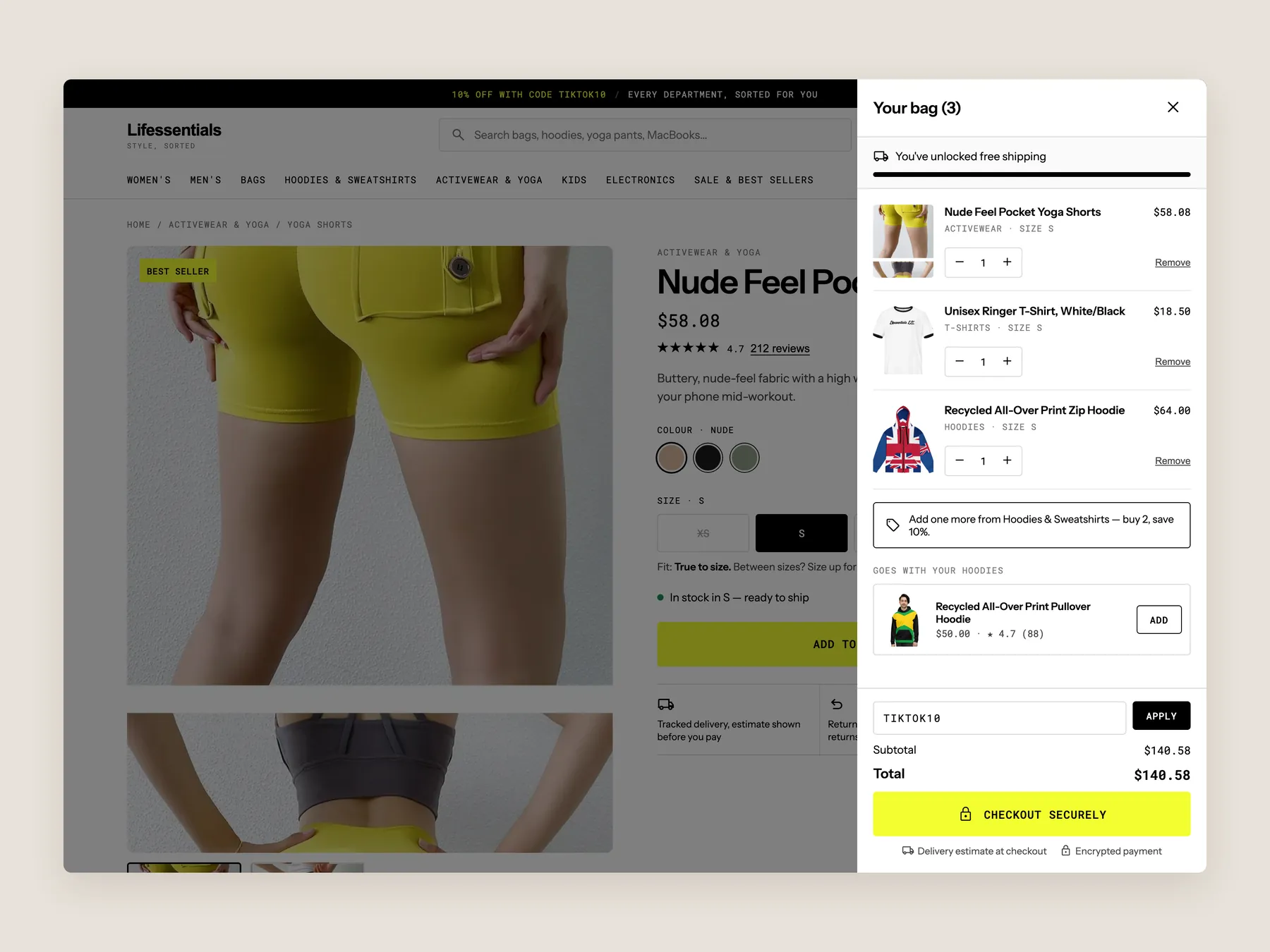 Lifessentials concept redesign: Bag slide over open over the product page, whole screen