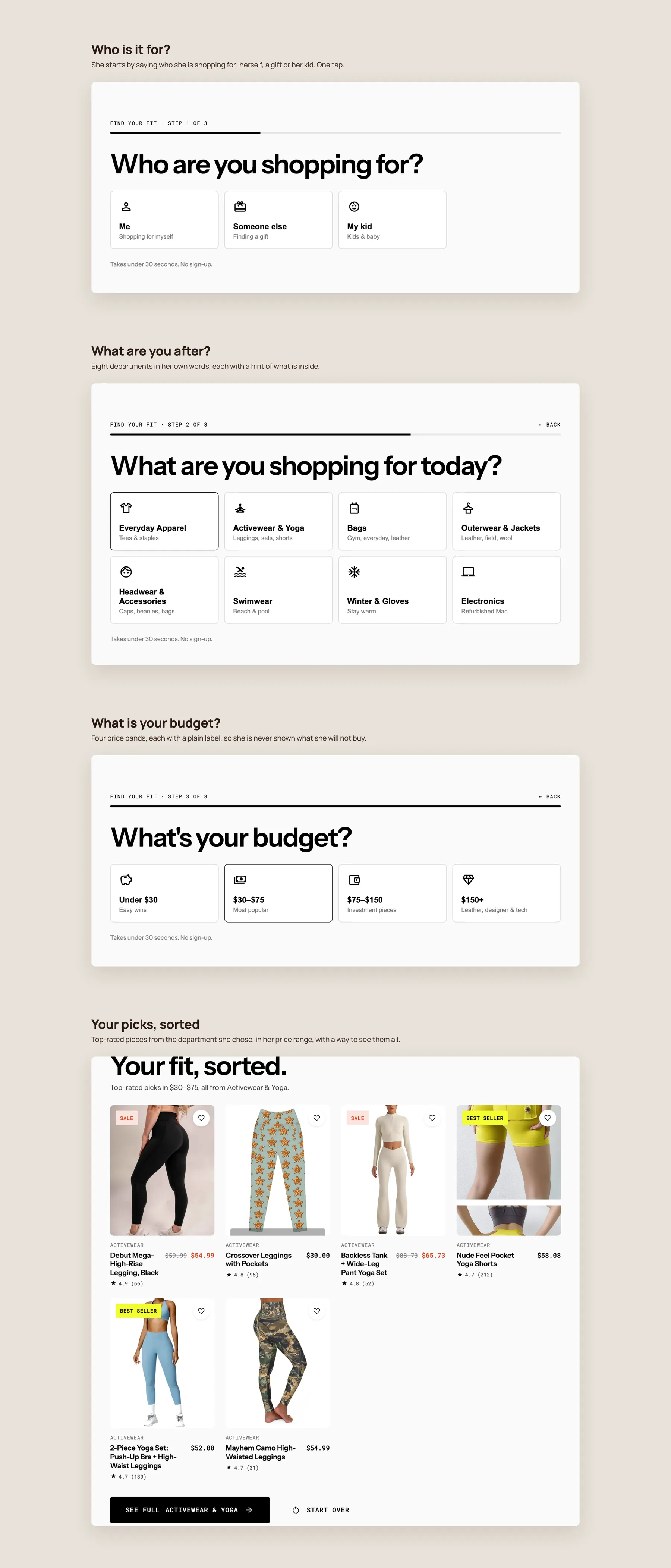 Lifessentials concept redesign: Find Your Fit quiz, step by step