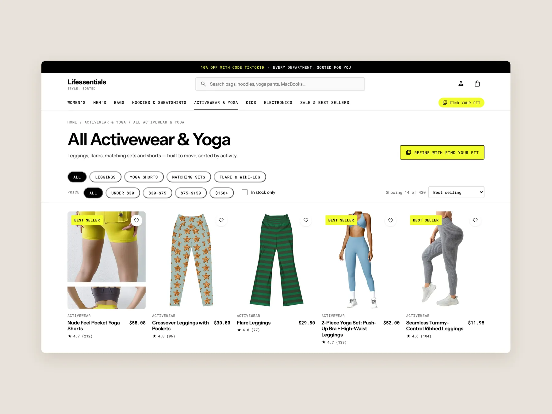 Lifessentials concept redesign: Collection page first screen: header, filters, first row