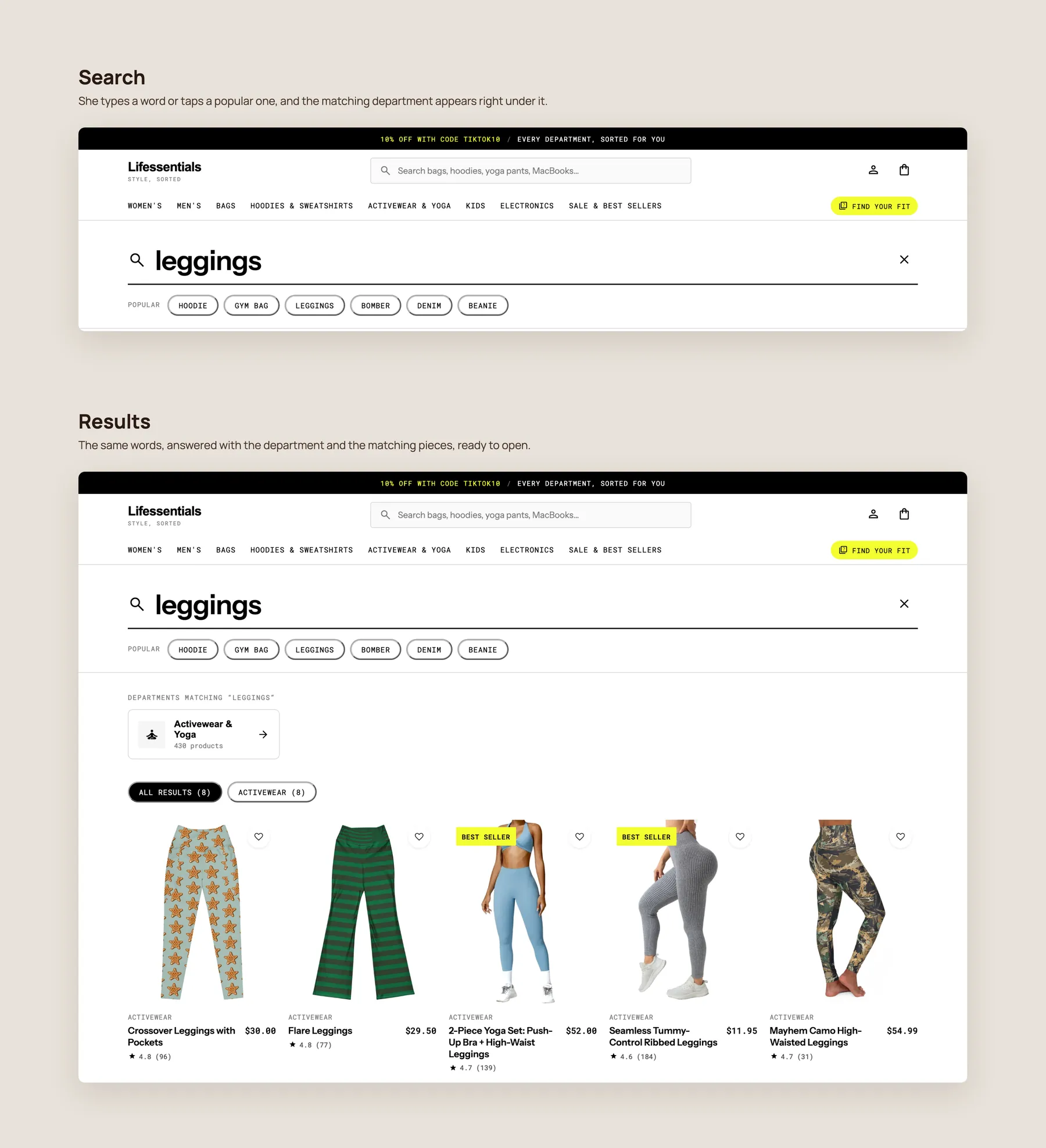 Lifessentials concept redesign: Search: the bar and the results