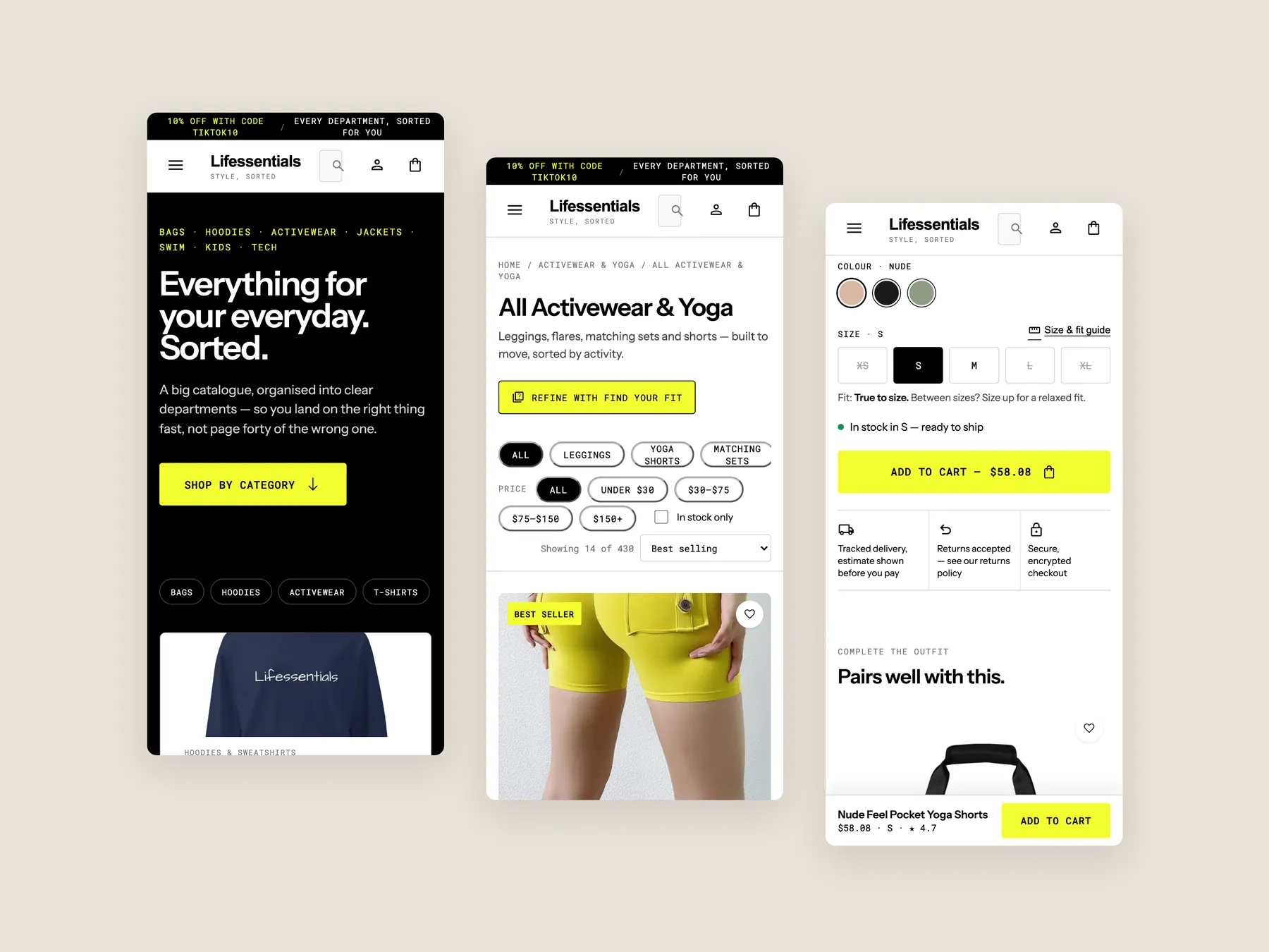 Lifessentials concept redesign: Three phone screens: home, collection, product