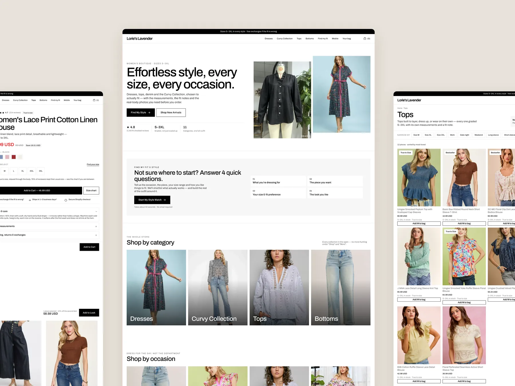 Lorie's Lavender Boutique concept redesign: Homepage centre, product left, collection right
