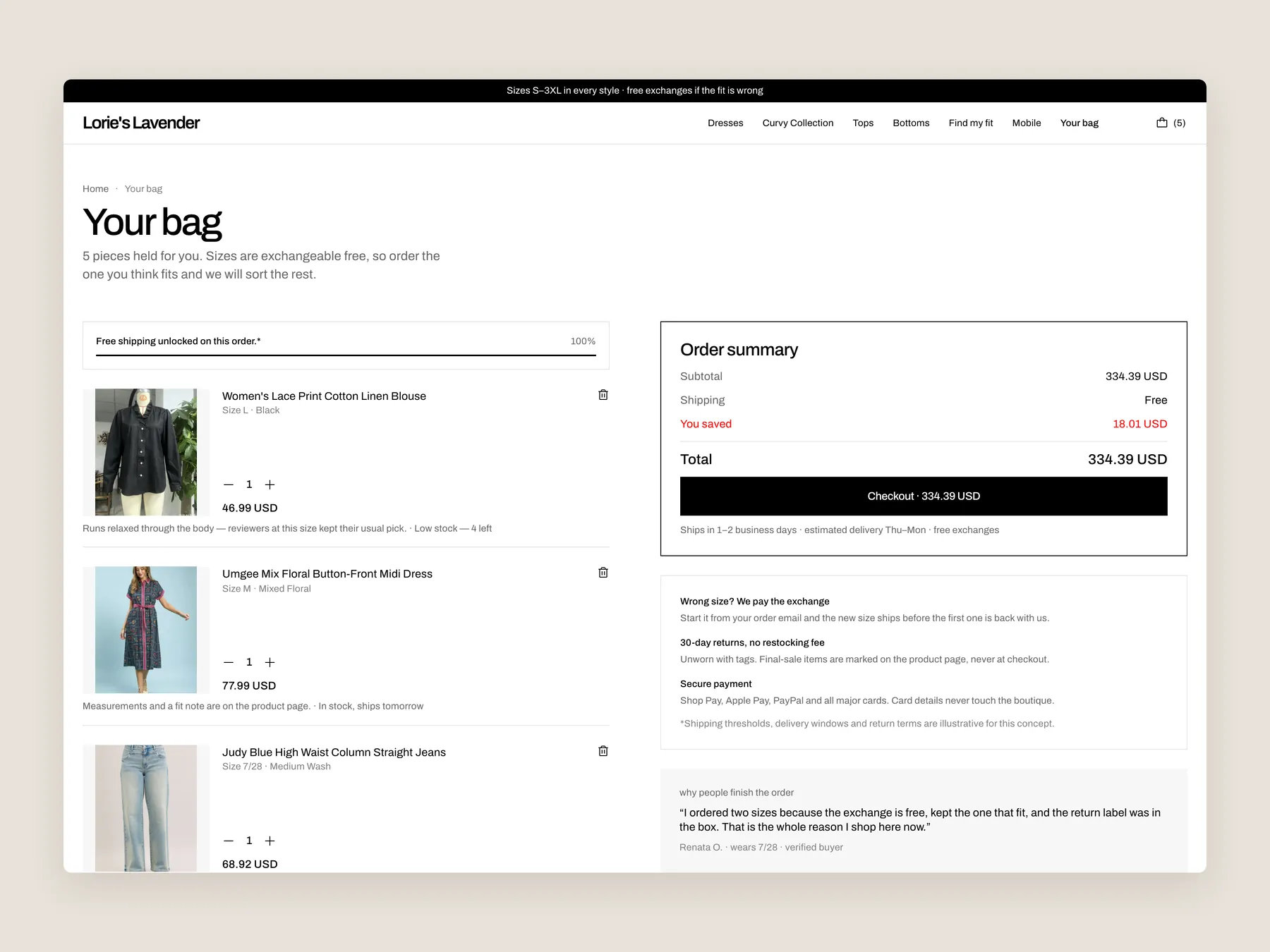 Lorie's Lavender Boutique concept redesign: Bag page, first screen