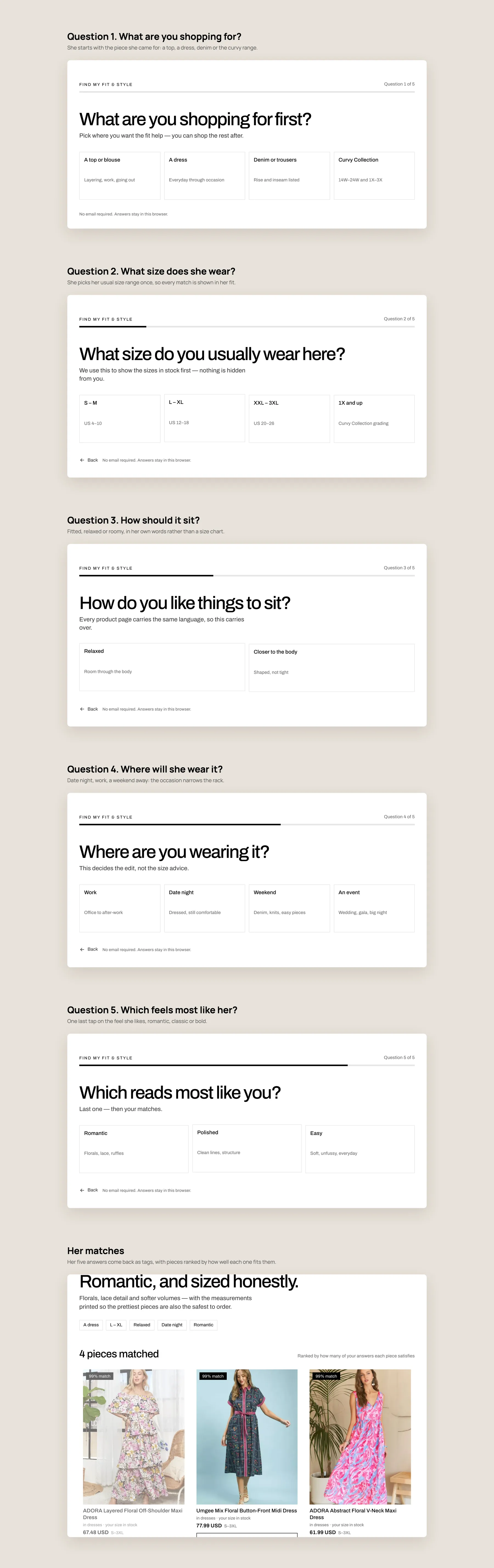 Lorie's Lavender Boutique concept redesign: Find my fit and style quiz, step by step