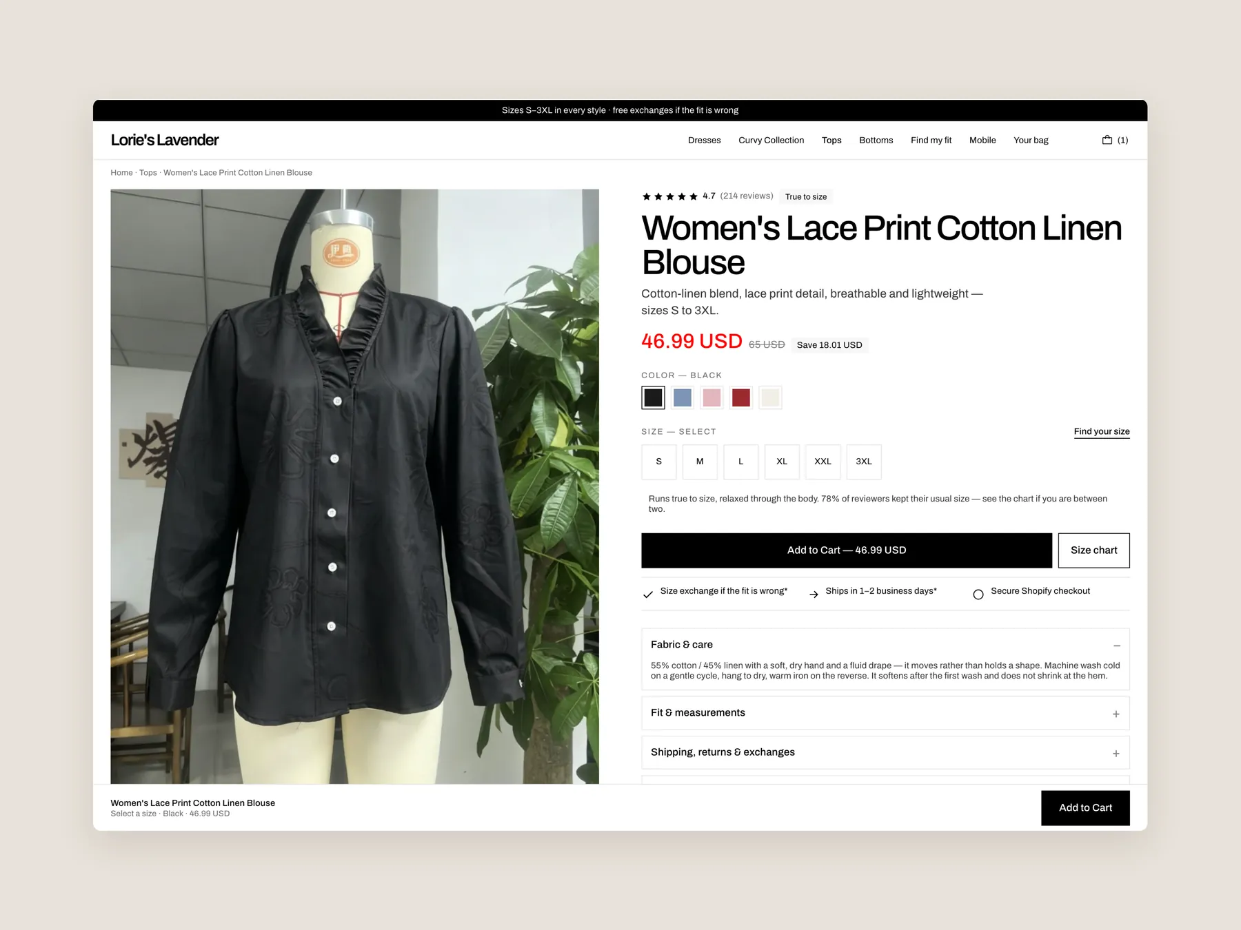 Lorie's Lavender Boutique concept redesign: Product page first screen: header and buy box