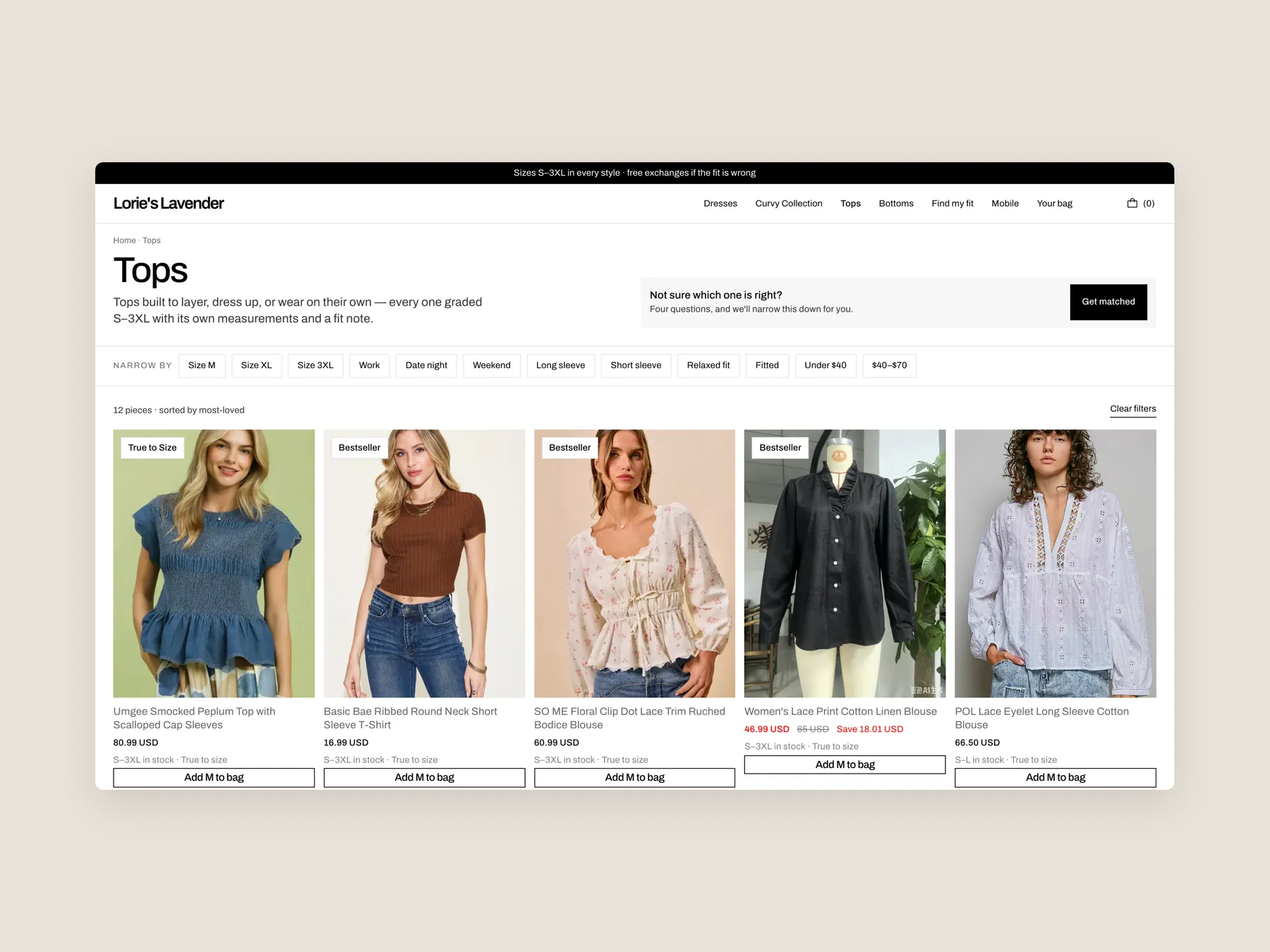 Lorie's Lavender Boutique concept redesign: Collection page first screen: header, filters, first row