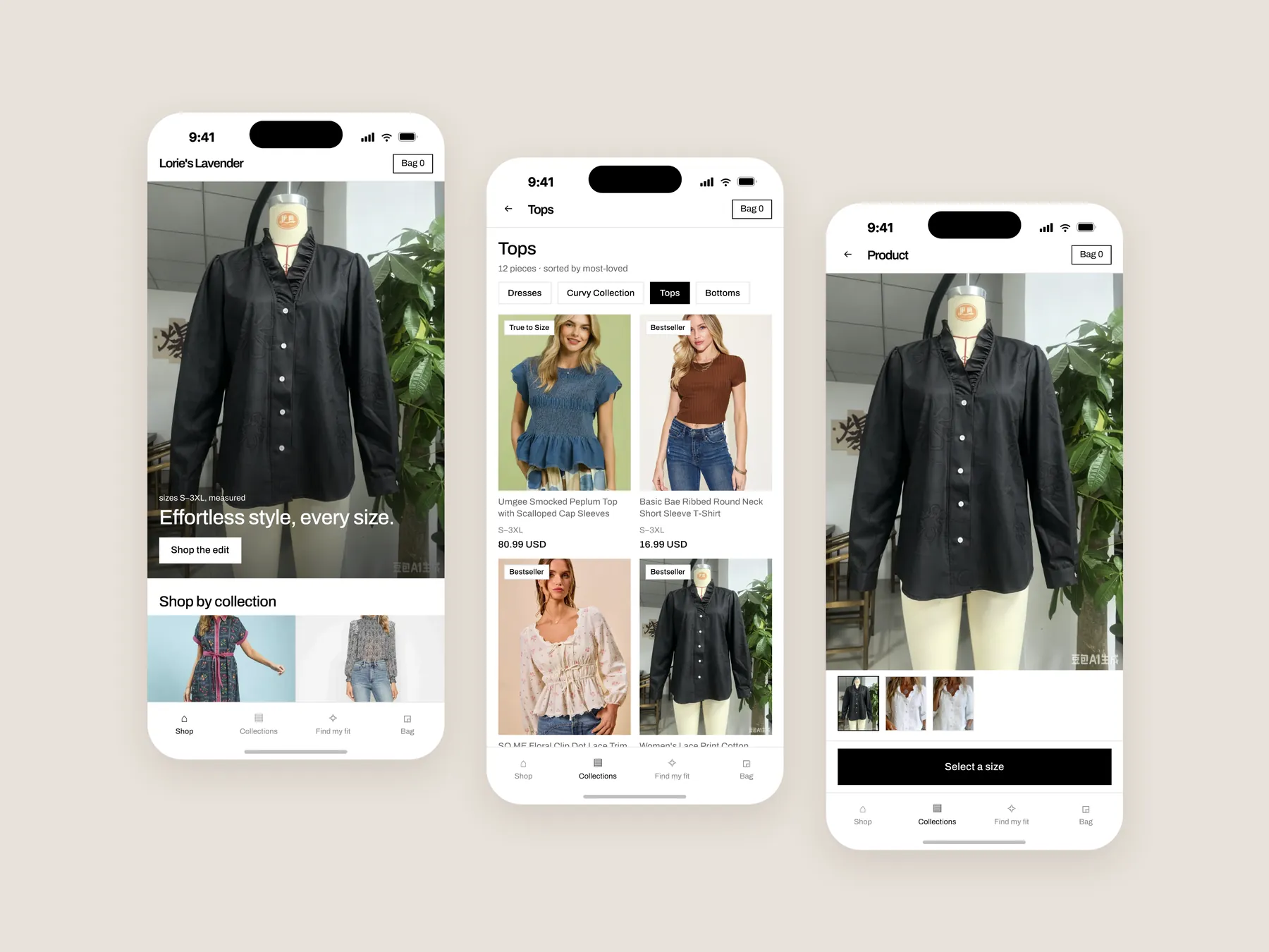 Lorie's Lavender Boutique concept redesign: Three phone screens: home, collection, product
