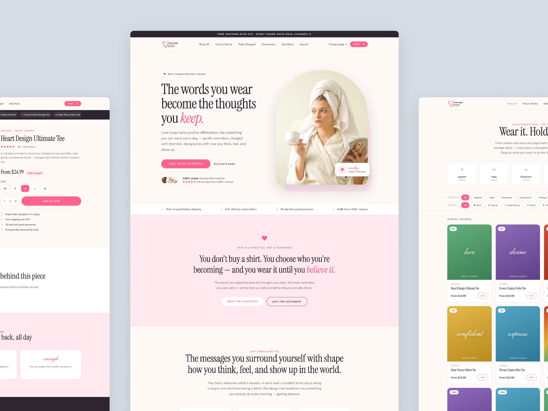 Love Lingo concept redesign: Homepage centre, product left, collection right