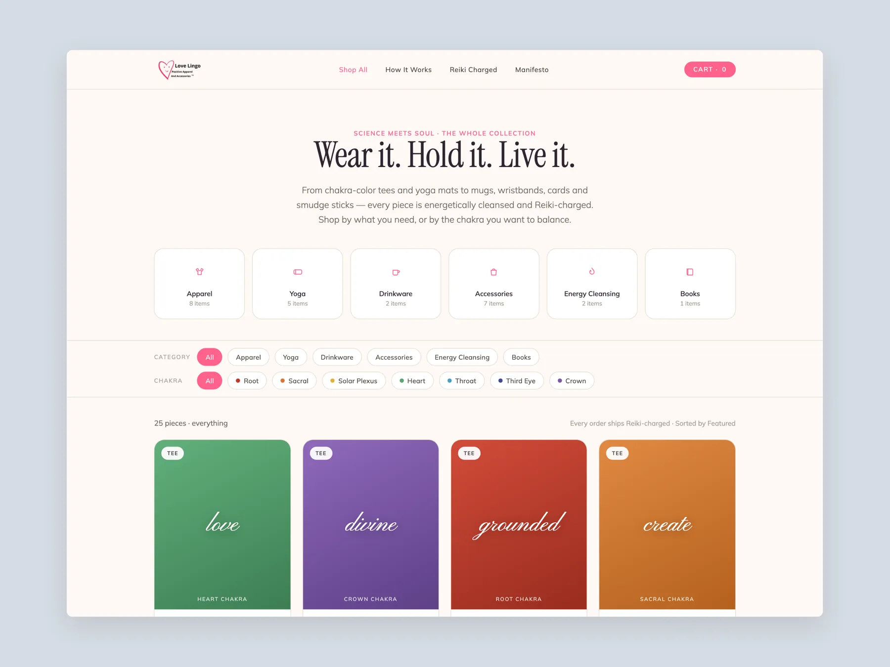 Love Lingo concept redesign: Collection page first screen: header, filters, first row