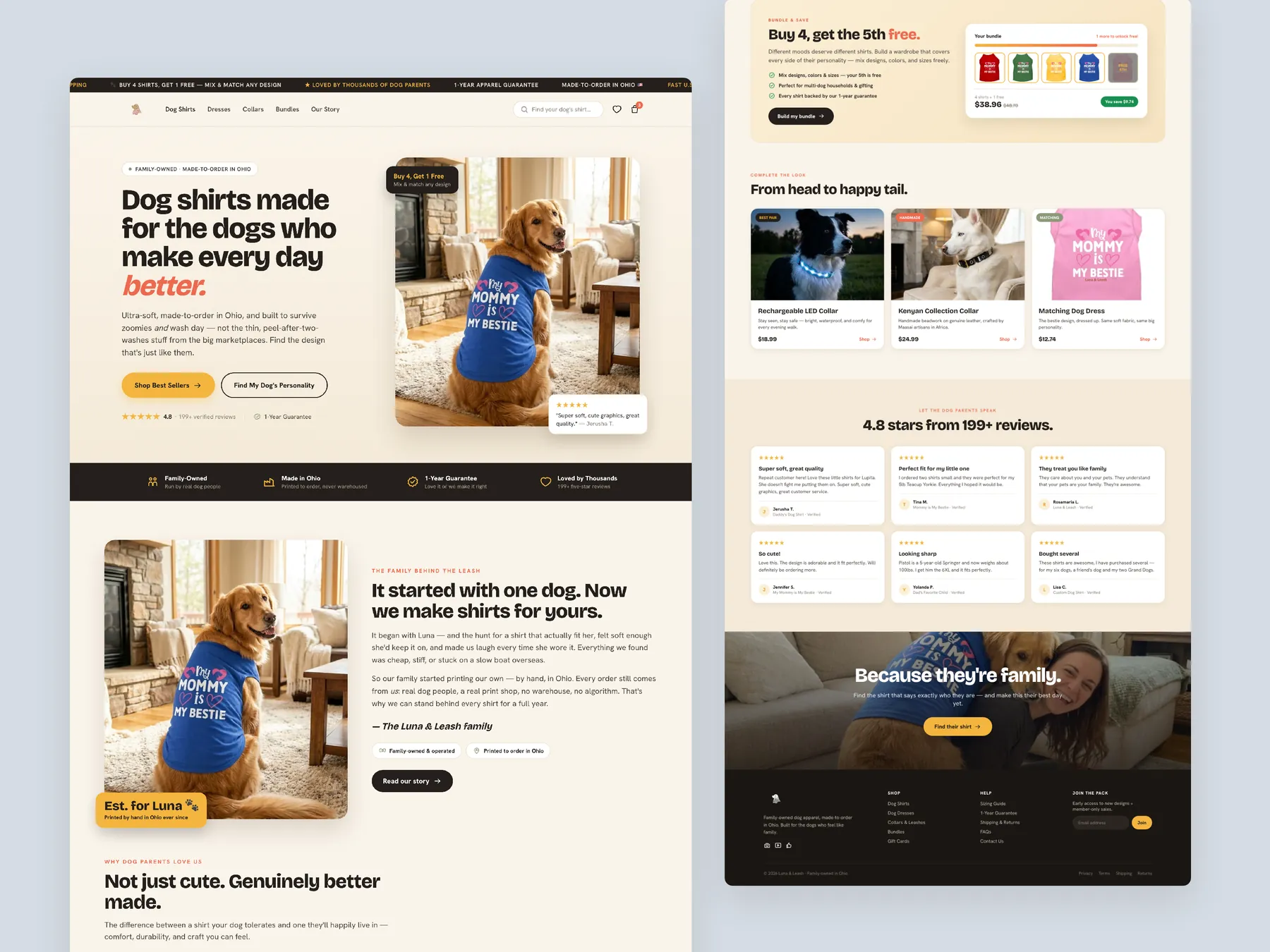 Luna Leash concept redesign: Homepage, two tall columns