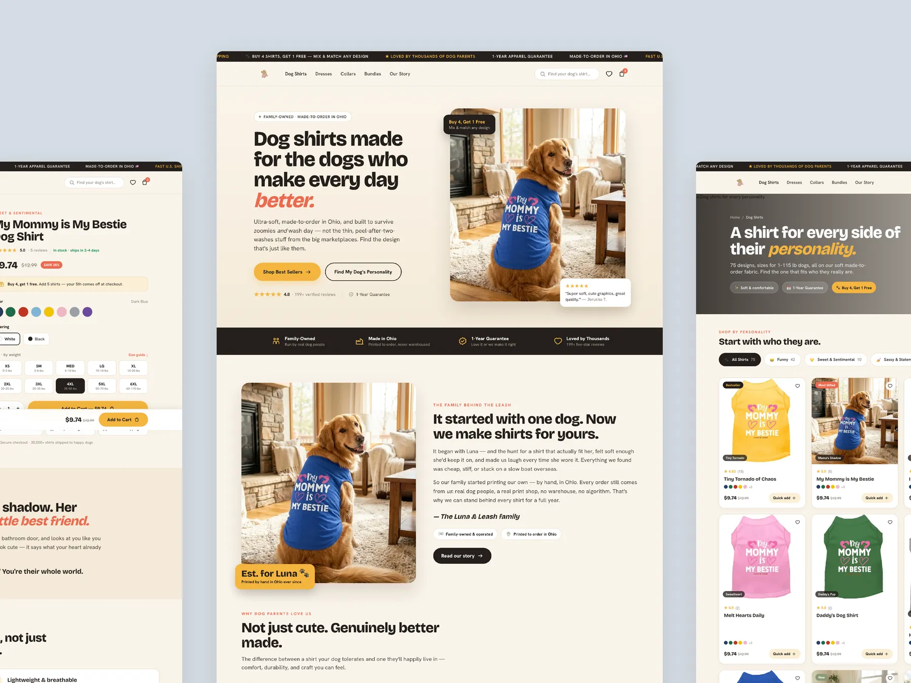 Luna Leash concept redesign: Homepage centre, product left, collection right