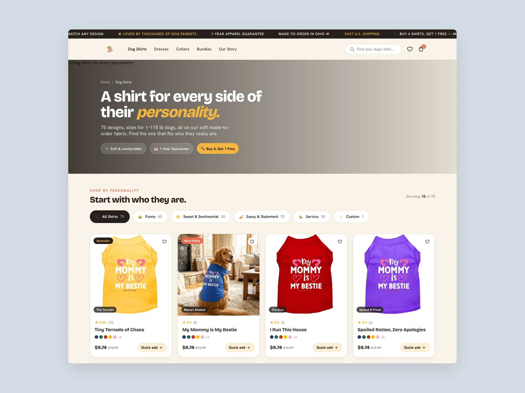 Luna Leash concept redesign: Collection page first screen: header, filters, first row