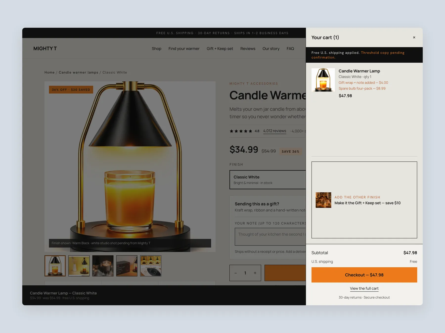 Mighty T Shop & Save concept redesign: Cart drawer open over the product page, whole screen
