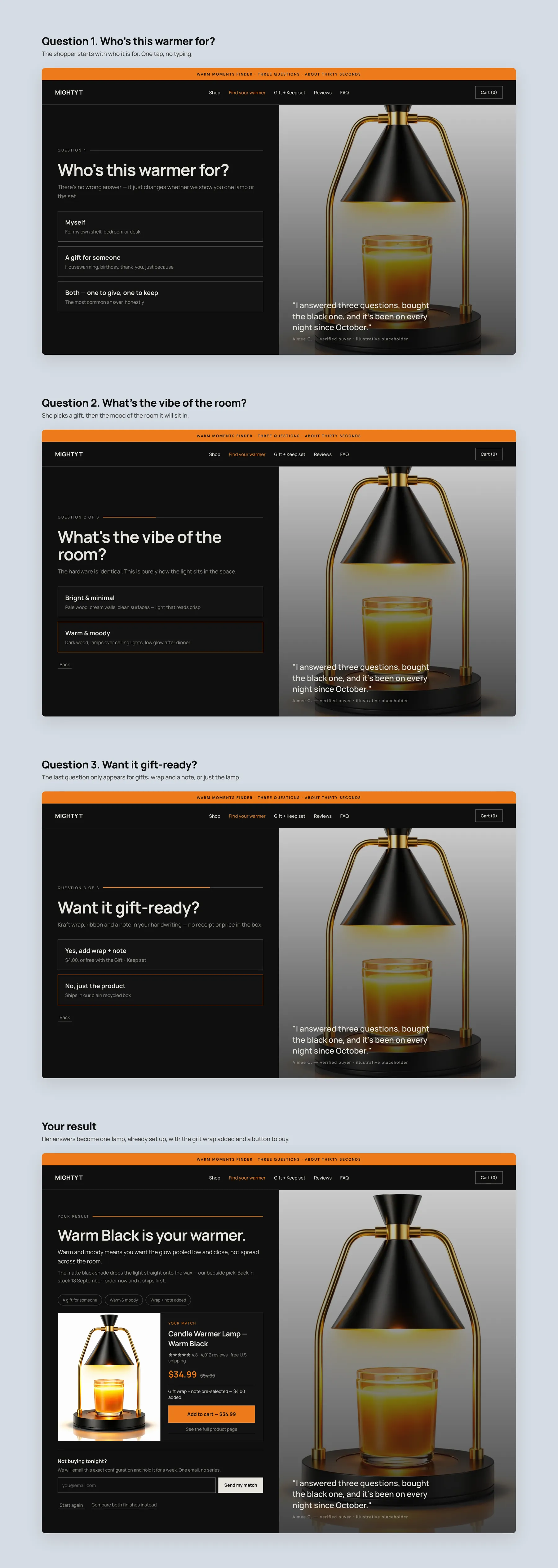 Mighty T Shop & Save concept redesign: Warm Moments Finder quiz, step by step