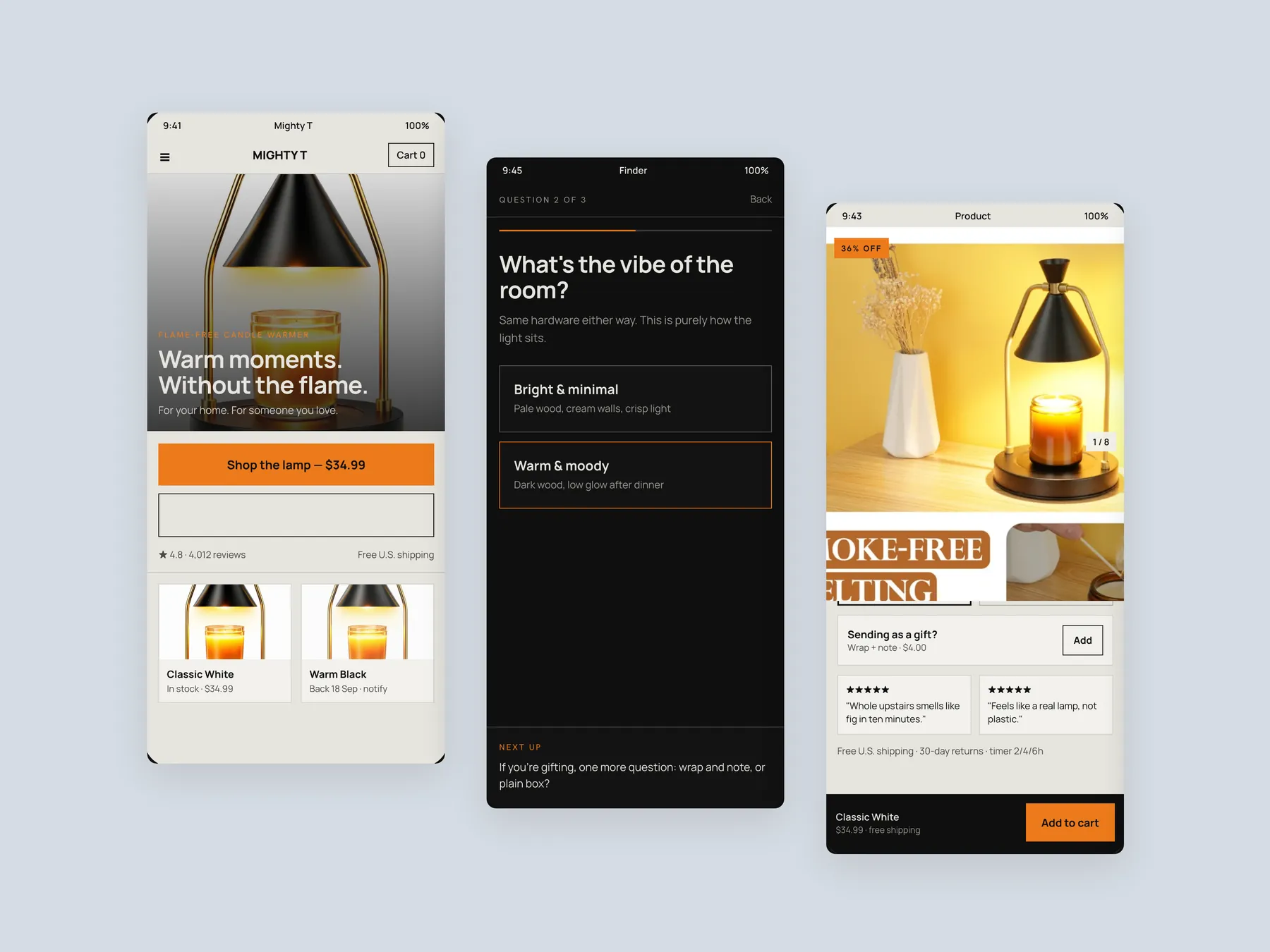 Mighty T Shop & Save concept redesign: Three phone screens: home, finder, product