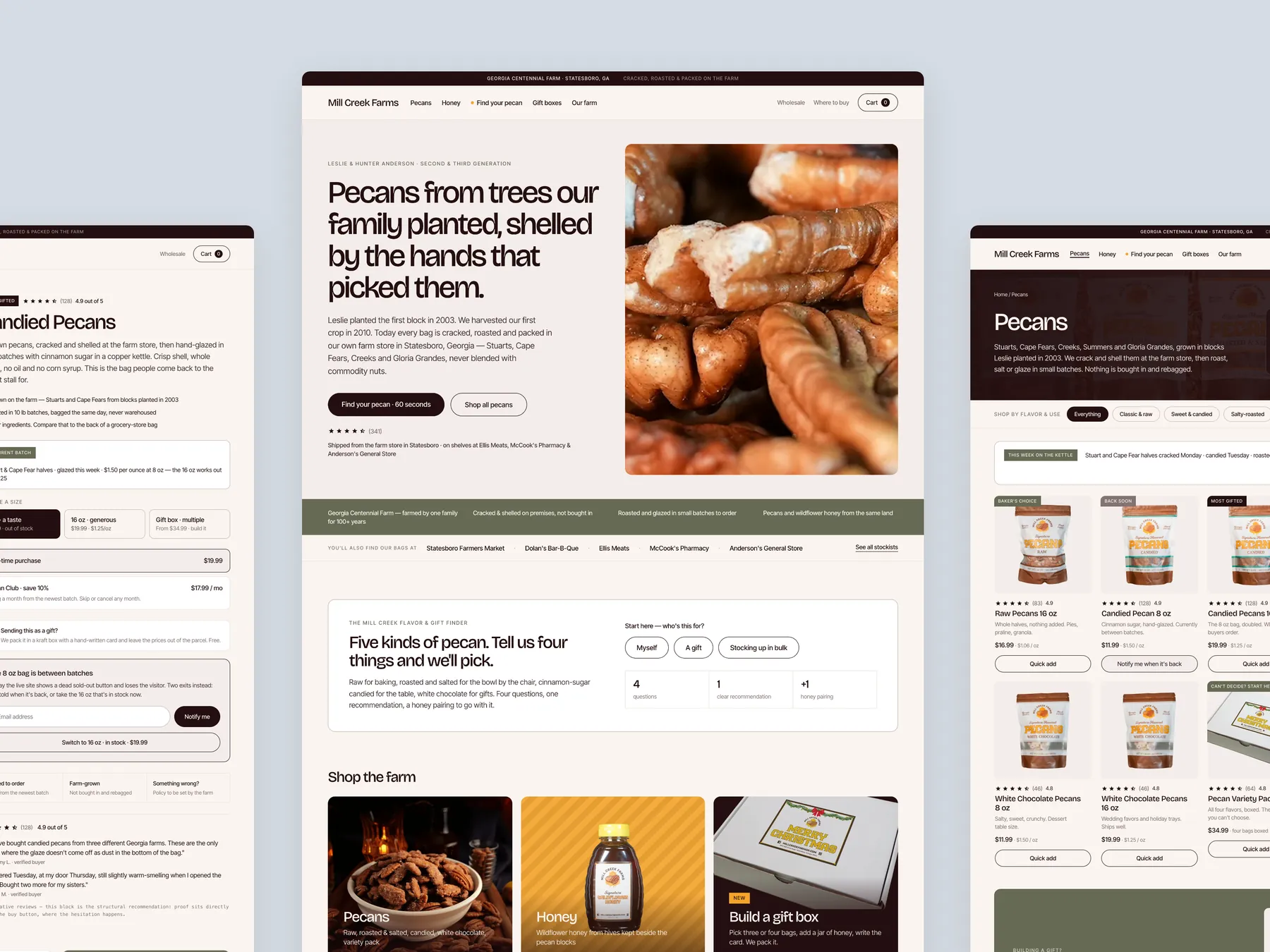 Millcreekfarms concept redesign: Homepage centre, product left, collection right