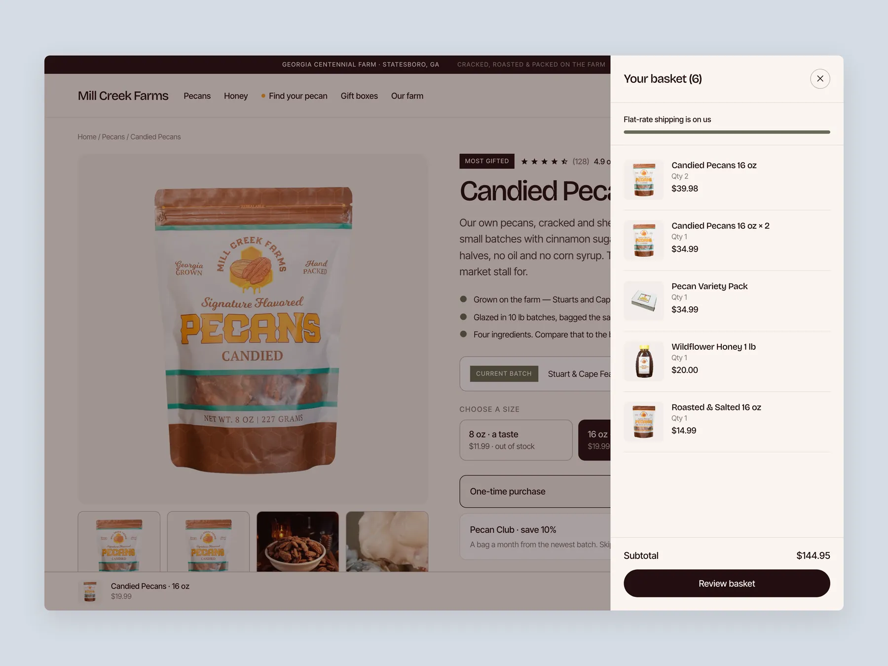 Millcreekfarms concept redesign: Basket slide over open over the product page, whole screen