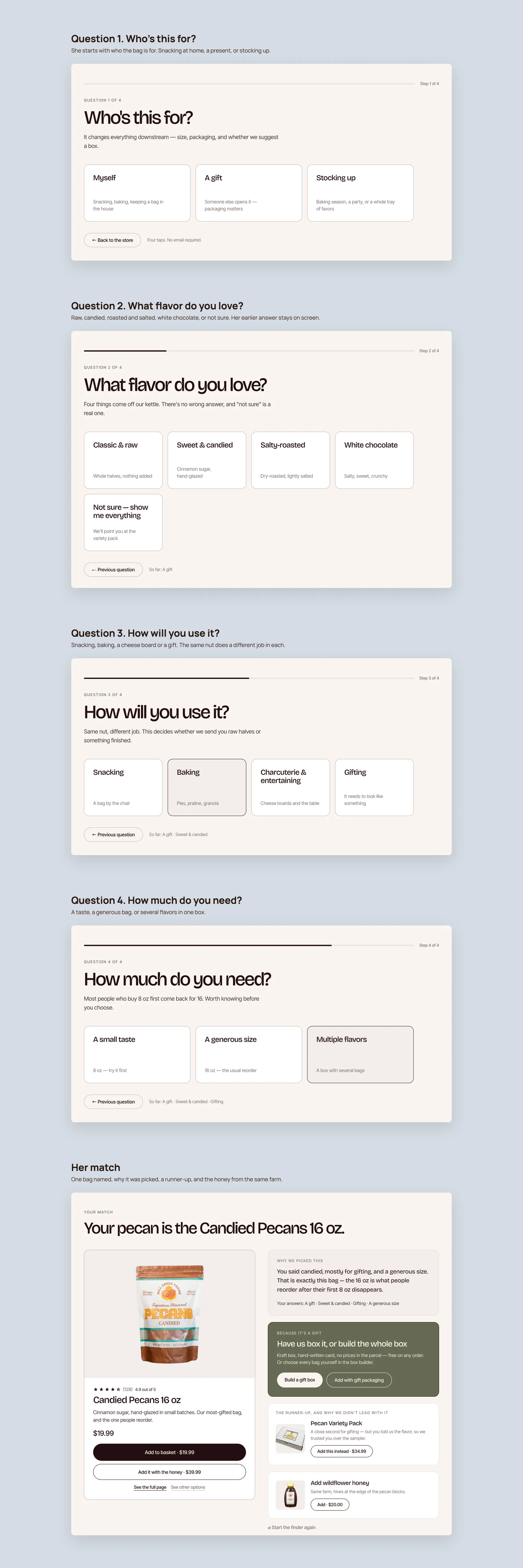 Millcreekfarms concept redesign: Flavor and gift finder, step by step