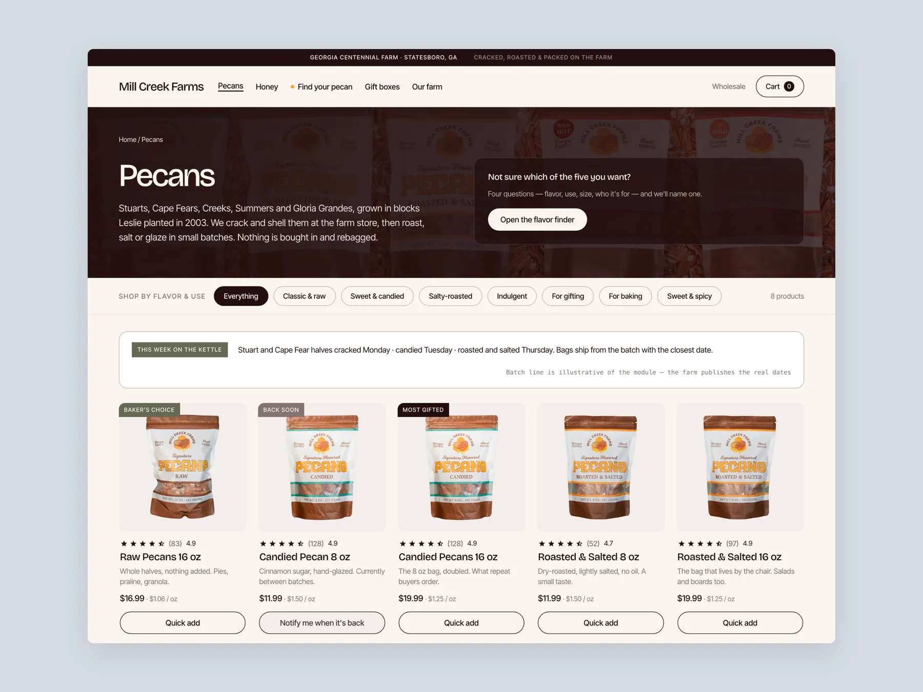 Millcreekfarms concept redesign: Collection page first screen: header, filters, first row