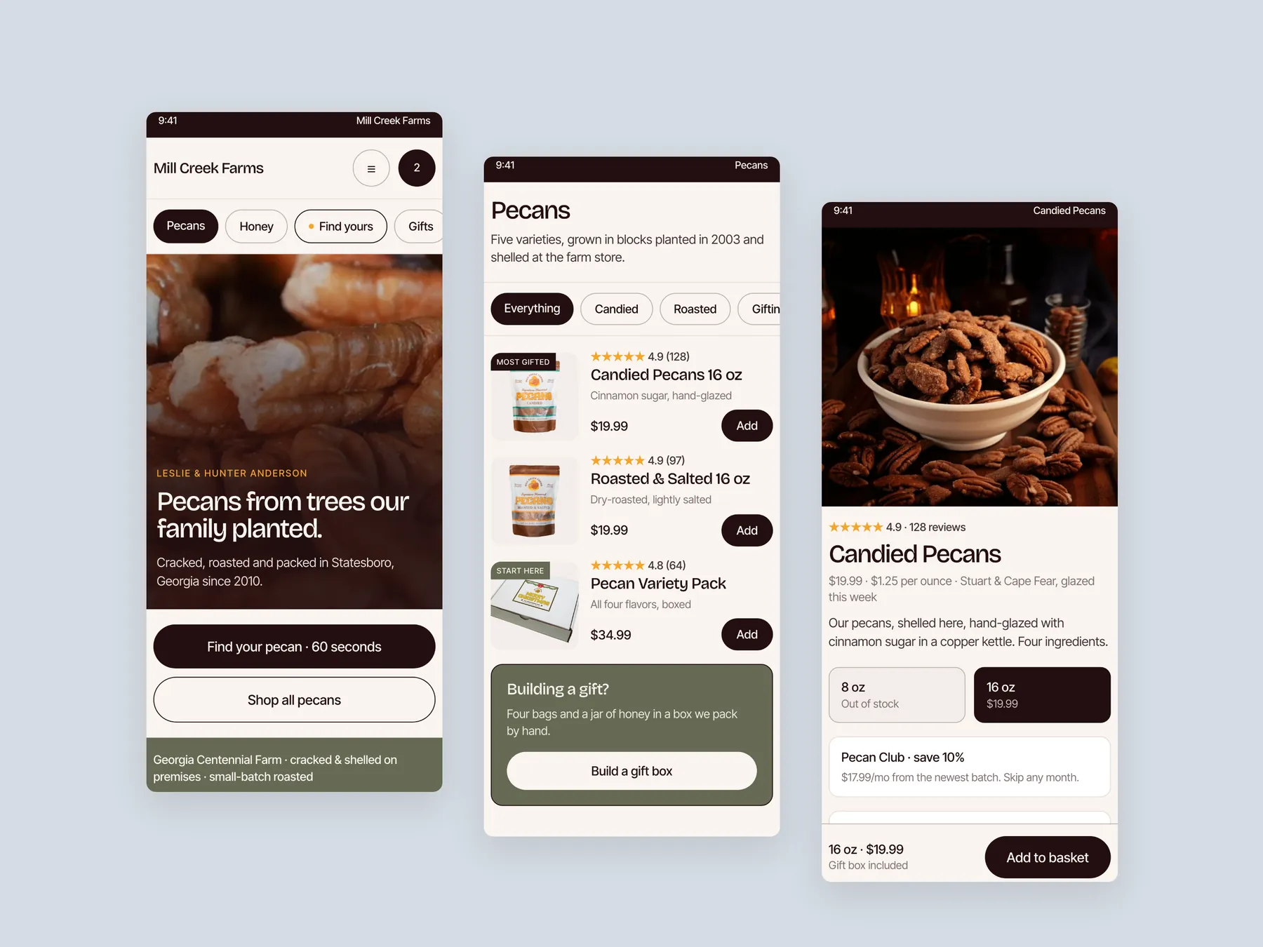 Millcreekfarms concept redesign: Three phone screens: home, collection, product