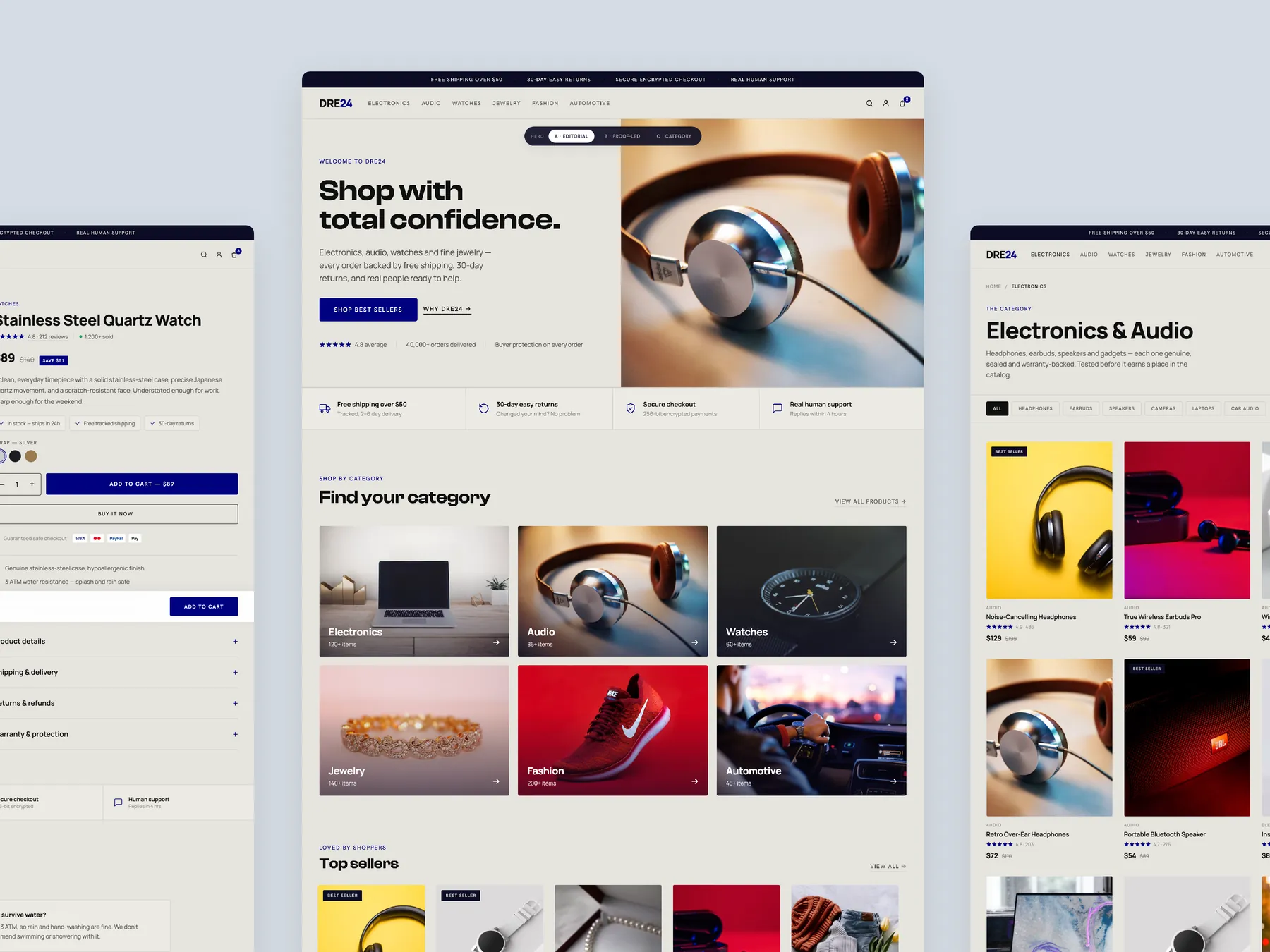 DRE24 concept redesign: Homepage centre, product left, collection right