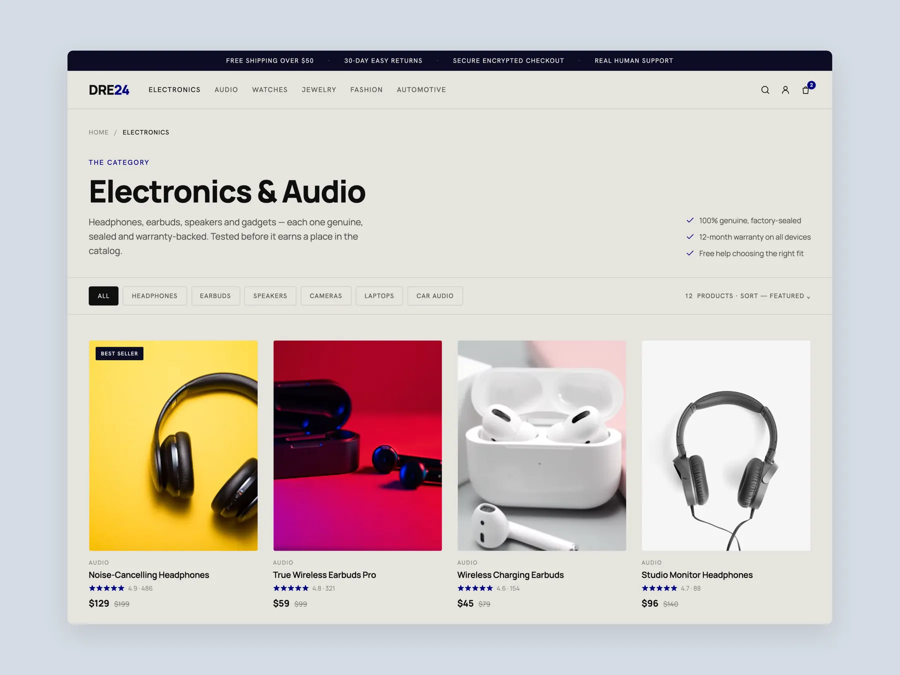 DRE24 concept redesign: Collection page first screen: header, filters, first row