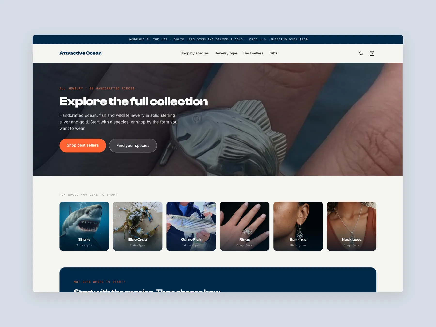 Ocean Jewellery concept redesign: Collection page first screen: header, hero, species tiles